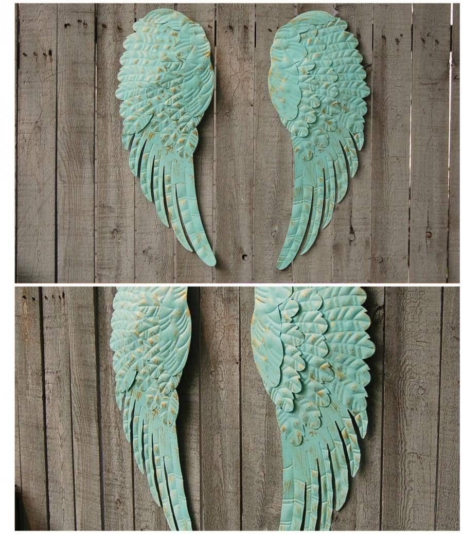 Angel Wings, Wall Decor, Shabby Chic, Aqua, Gold, Hand Painted Within Current Shabby Chic Wall Art (View 7 of 30)