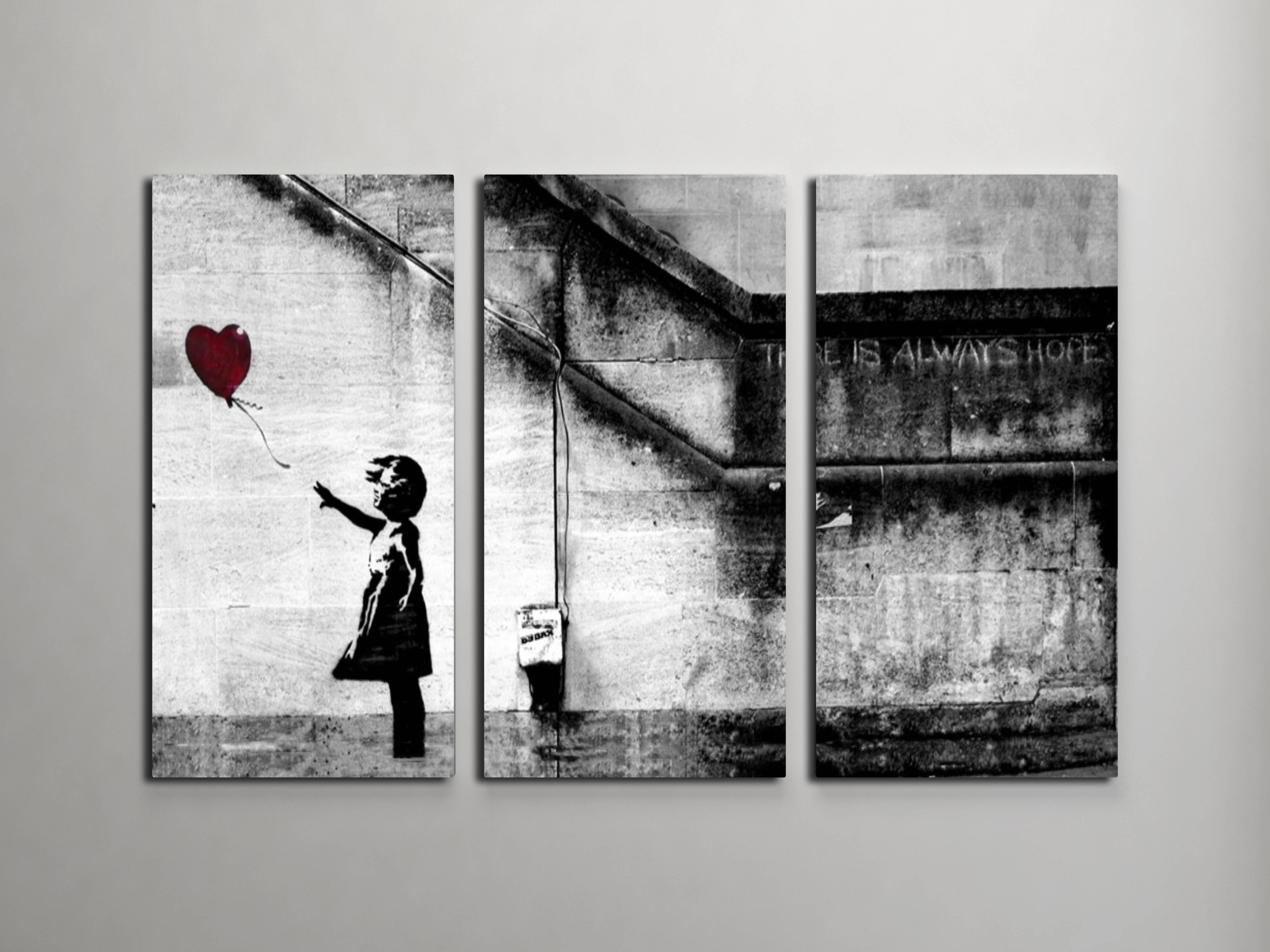 Banksy Girl With Balloon Triptych Canvas Wall Art Within Recent Banksy Canvas Wall Art (View 20 of 20)