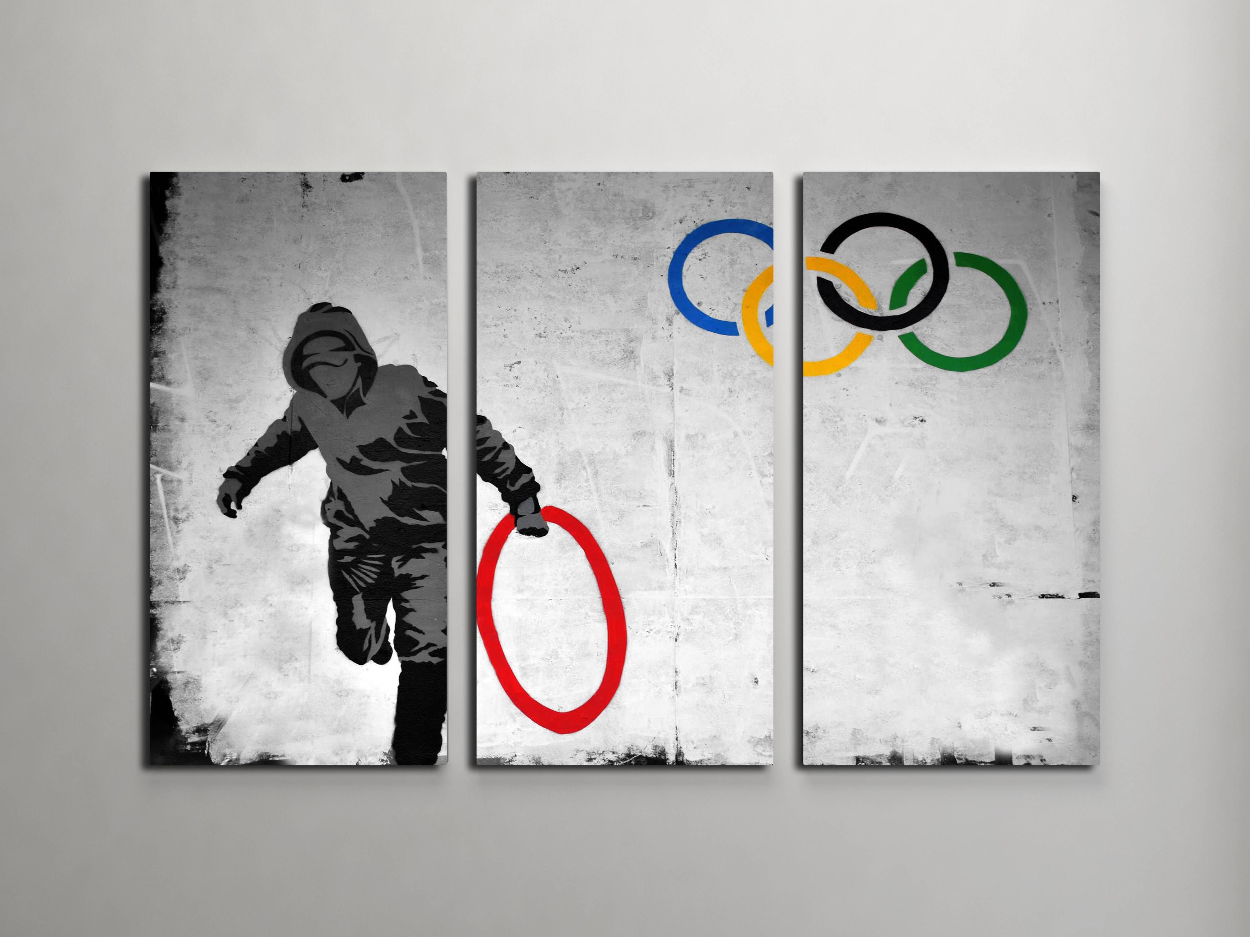Banksy Stolen Olympic Rings Triptych Canvas Wall Art Pertaining To Most Recently Released Banksy Canvas Wall Art (View 13 of 20)
