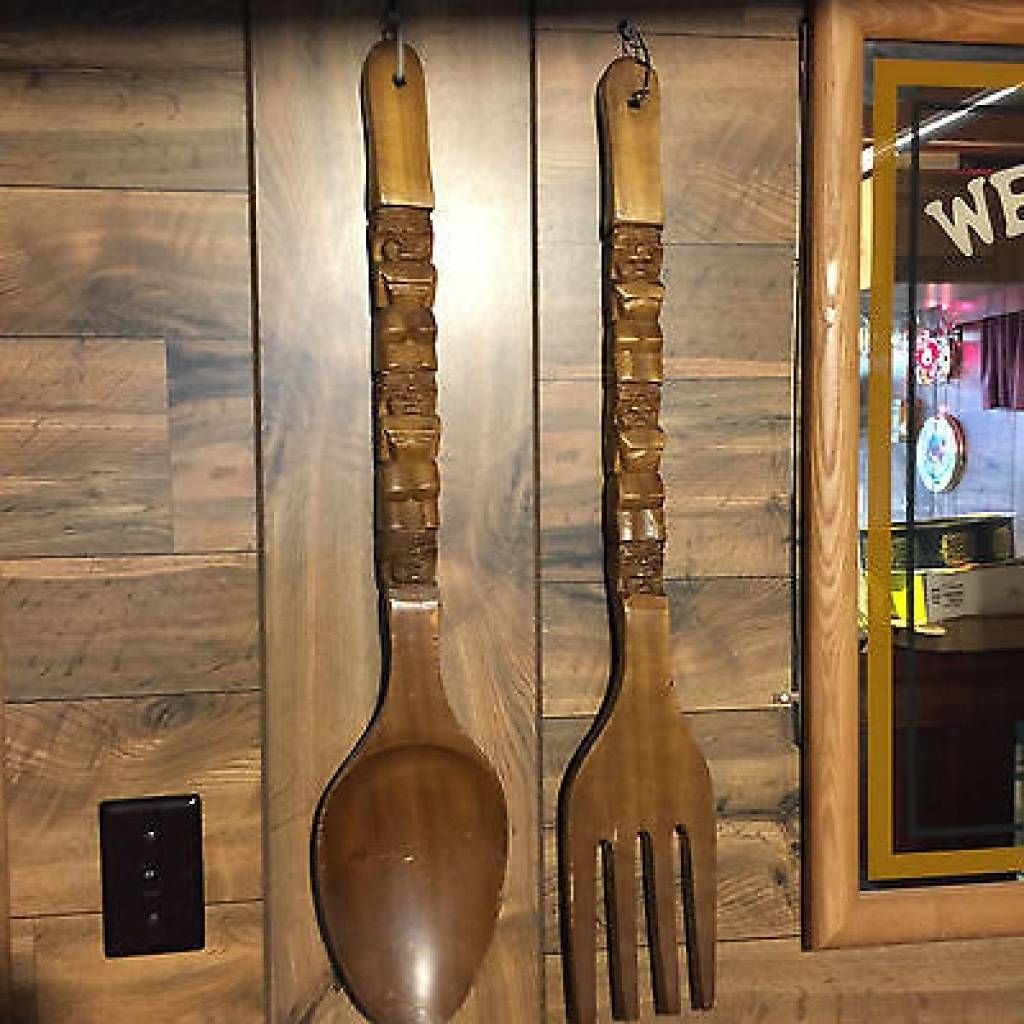 Big Large Tiki Carved Wood Wooden Huge Fork And Spoon Wall Hanging Pertaining To Newest Big Spoon And Fork Decors (View 20 of 25)