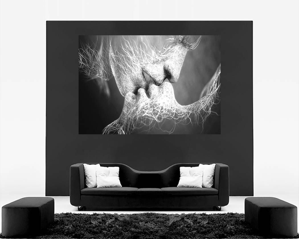 Black & White Love Kiss Abstract Art On Canvas Wall Art Picture With Regard To Most Current Black And White Wall Art (View 11 of 16)