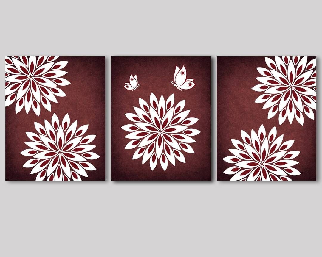 Burgundy Wall Art Decor Burgundy White Flowers Butterfly Pertaining To Most Popular Burgundy Wall Art (View 1 of 15)