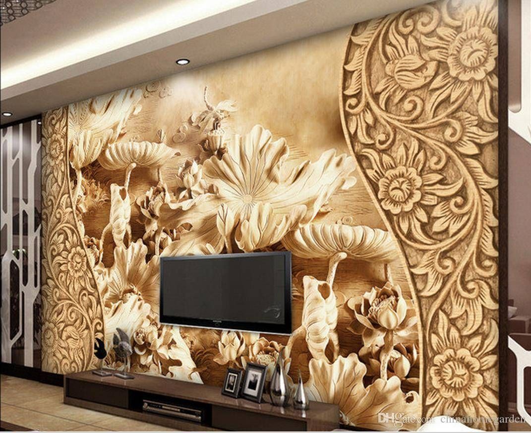 Chinese Wind Flower Lotus Leaf Wood Carving Tv Background Wall Inside Recent 3d Wall Art Wallpaper (Gallery 20 of 20)