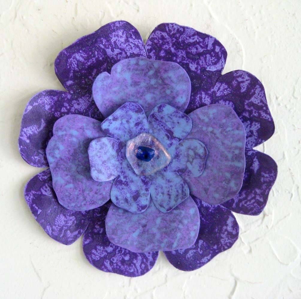Custom Handmade Upcycled Metal Flower Wall Art In Blue, Purple In 2017 Purple Flower Metal Wall Art (View 7 of 25)