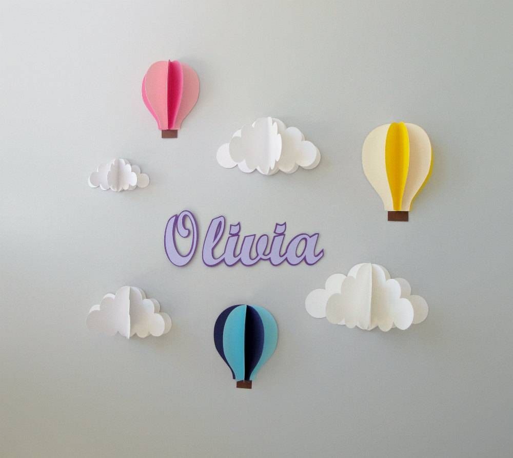 Custom Name Wall Art Hot Air Balloons And Clouds 3d Paper Wall In Best And Newest 3d Paper Wall Art (View 1 of 25)