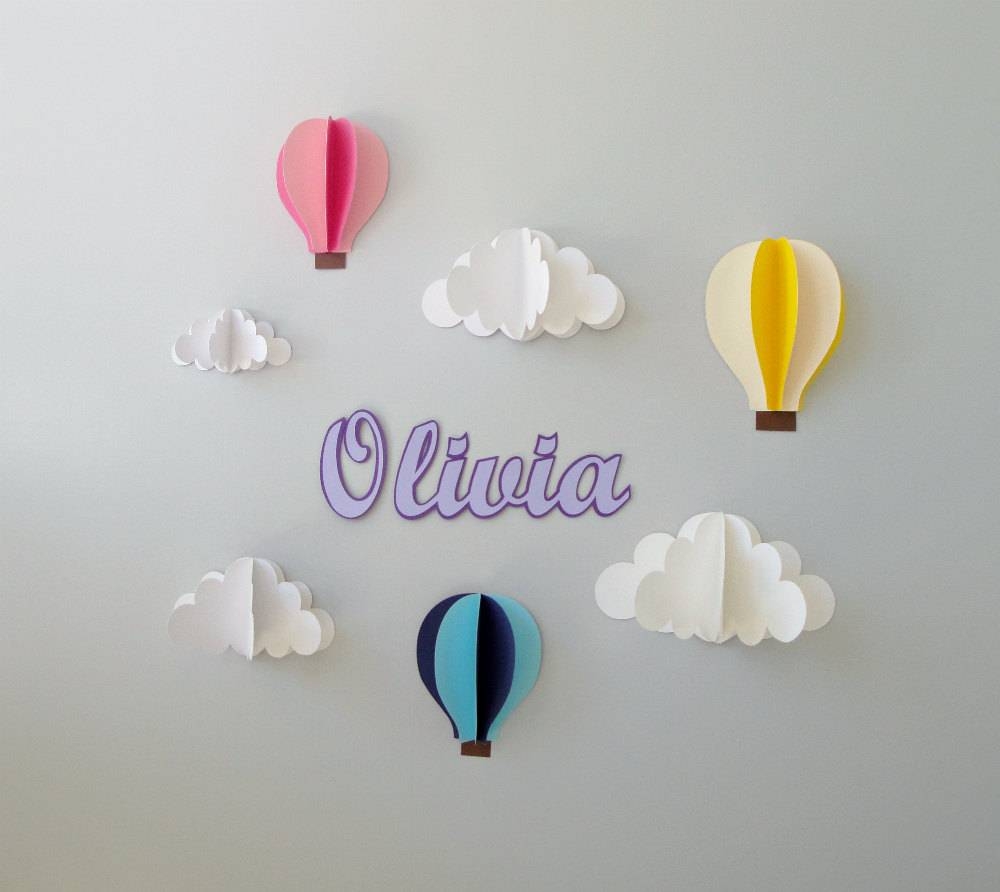 Custom Name Wall Art Hot Air Balloons And Clouds 3d Paper Wall In Best And Newest 3d Paper Wall Art (Gallery 1 of 25)