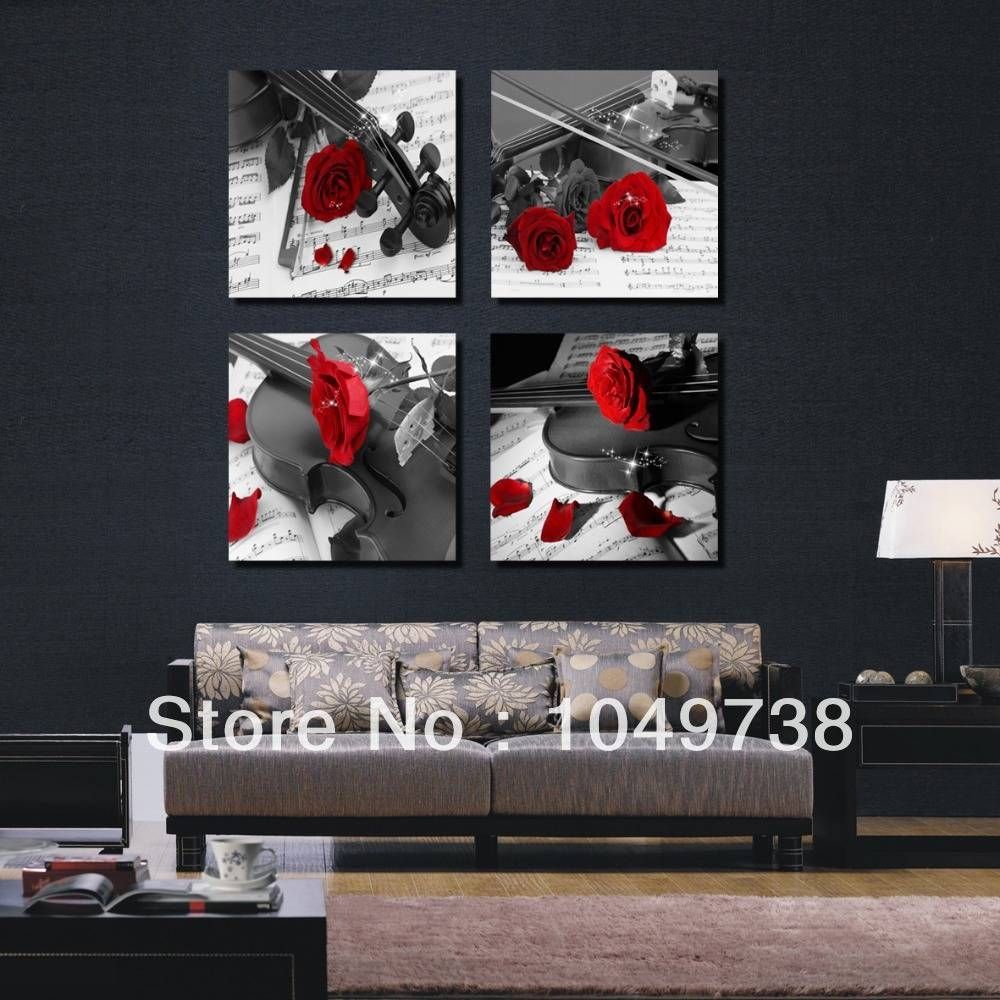 Free Shipping 4 Panel Wall Art Red Rose Modern Art Black And White Throughout Most Recently Released Red Rose Wall Art (View 13 of 20)