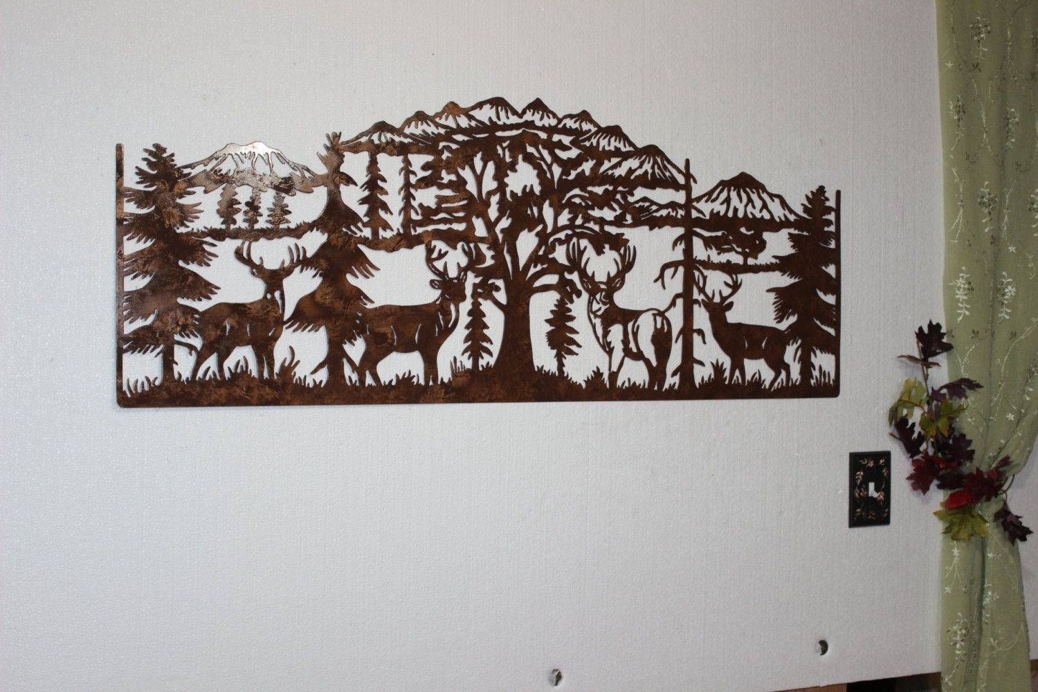 Hand Crafted Deer And Mountain Scene With 4 Majestic Bucks Large With Most Recently Released Mountain Scene Metal Wall Art (View 3 of 30)