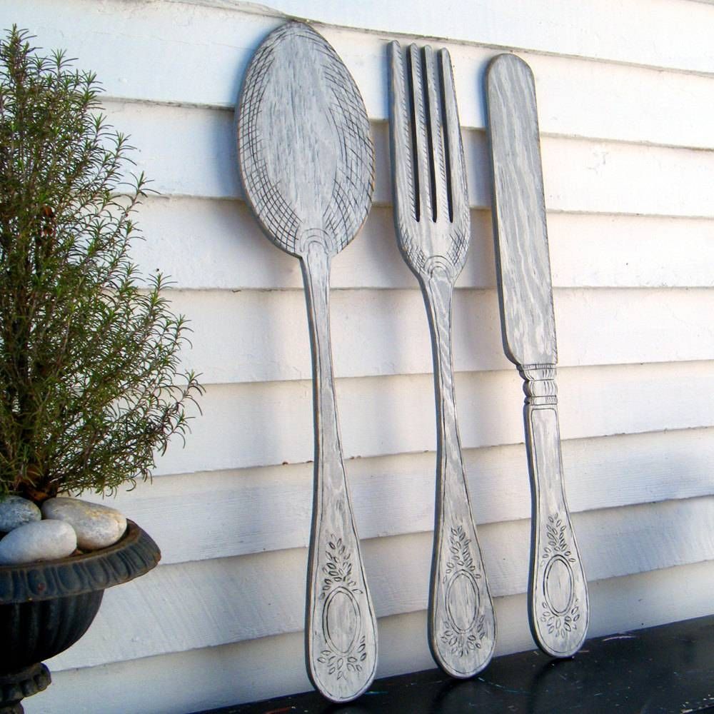 Knife Fork And Spoon Wall Decor Wooden Kitchen Decor Large Intended For Most Recently Released Big Spoon And Fork Decors (View 4 of 25)