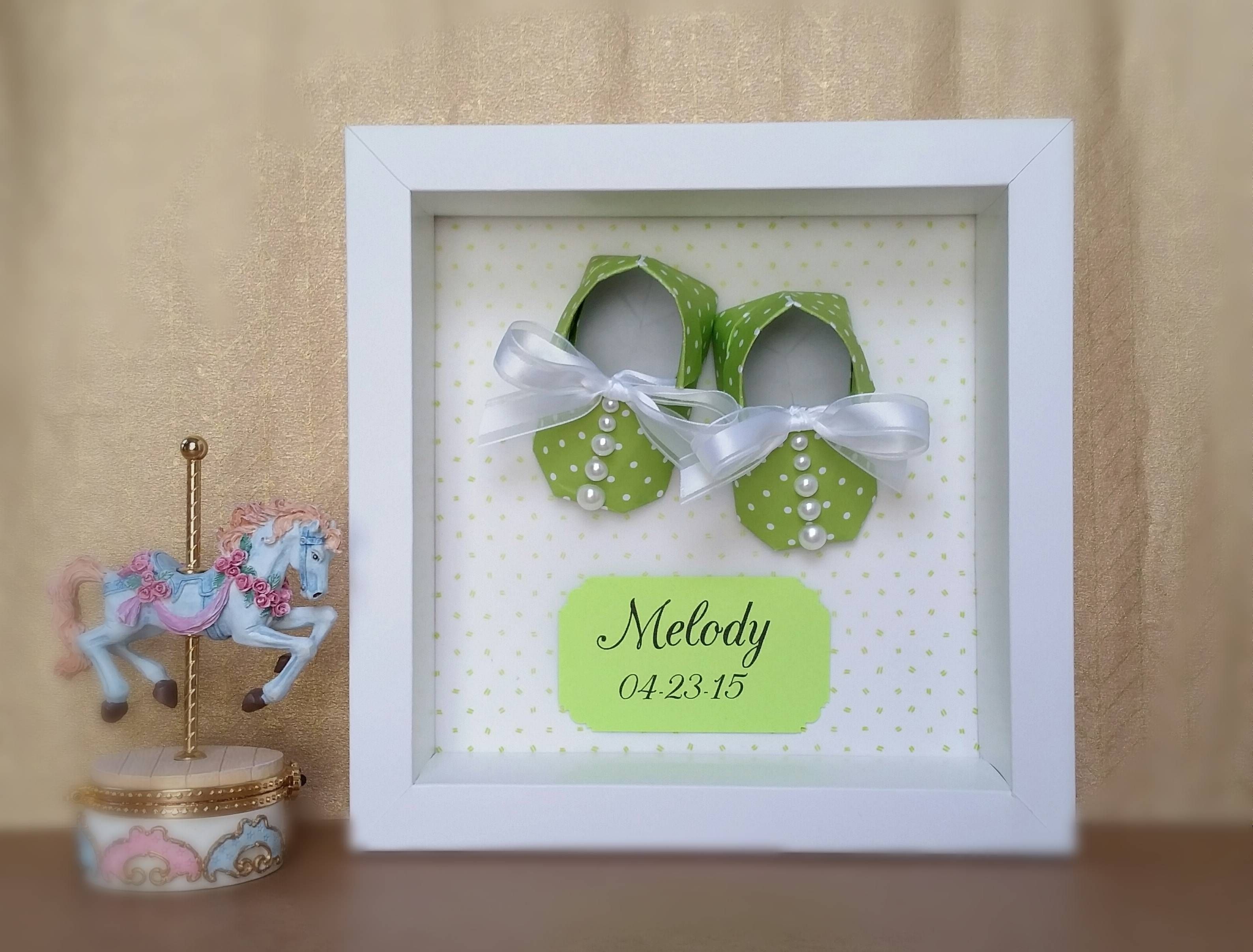 Nursery Decor, Origami Baby Shoes Booties Framed 3d Wall Art Inside Most Recent 3d Wall Art For Baby Nursery (View 1 of 20)