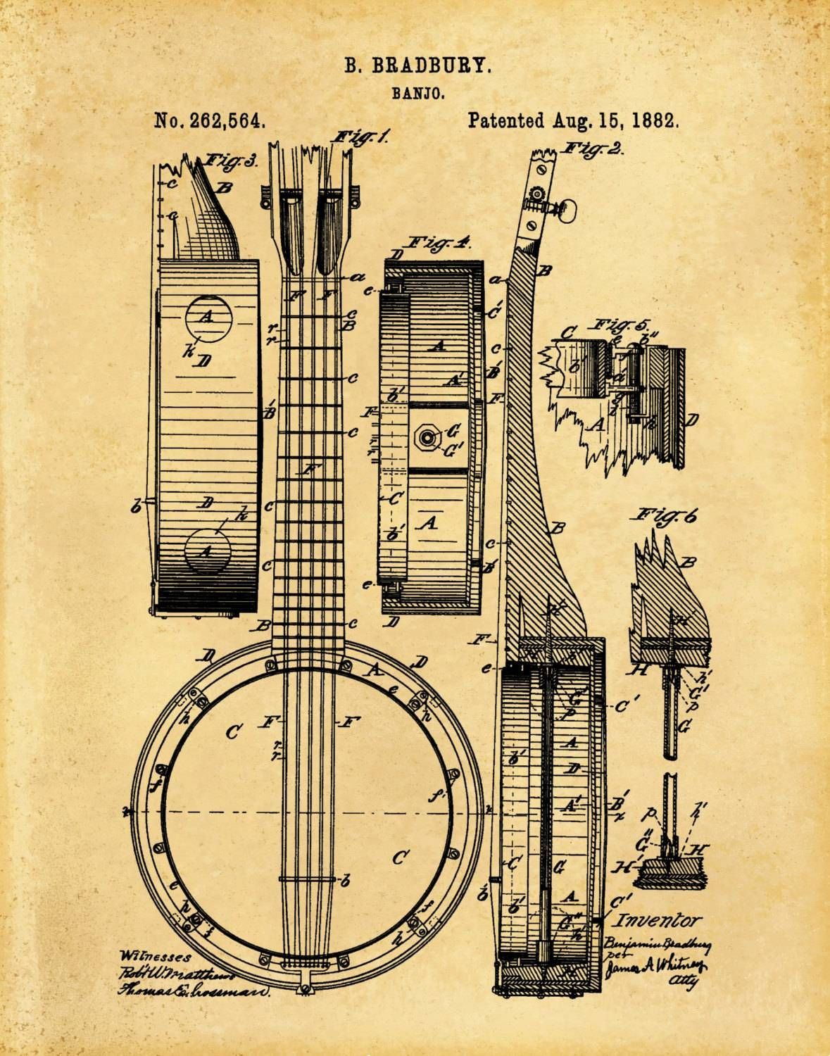 Patent 1882 Banjo – Musical Instrument Art Print – String Inside Most Popular Musical Instrument Wall Art (View 3 of 25)
