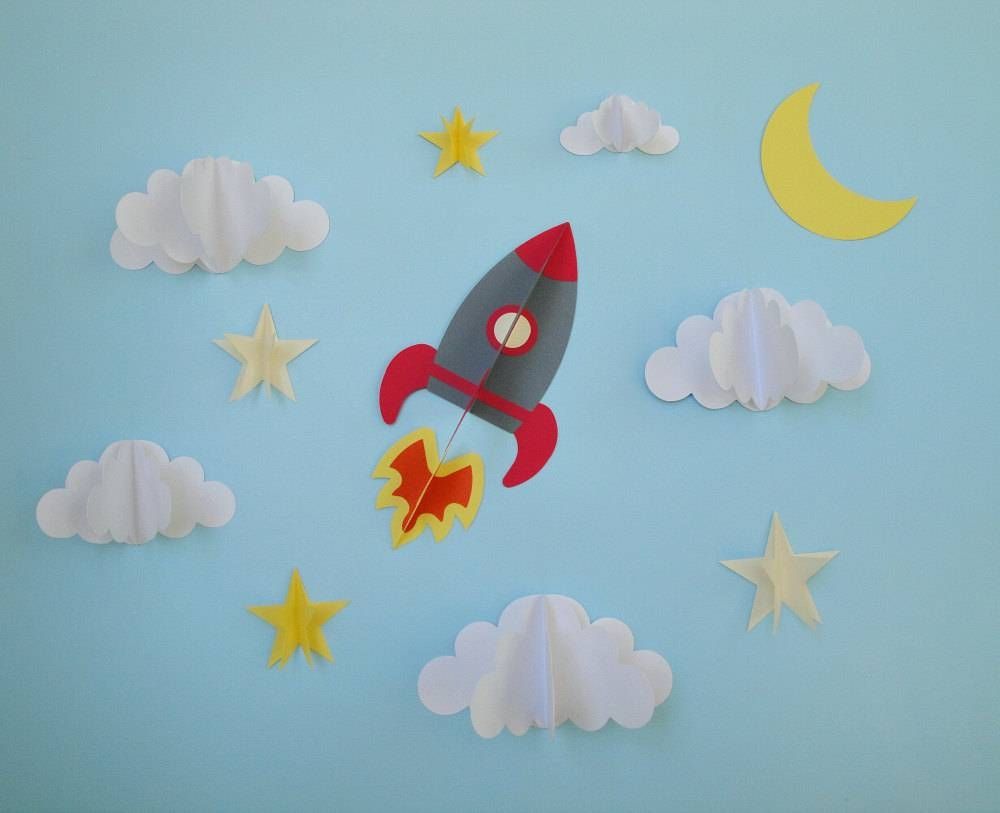 Rocket Ship 3d Wall Decals Wall Decor Wall Art Boy's With Regard To Recent 3d Clouds Out Of Paper Wall Art (View 3 of 25)