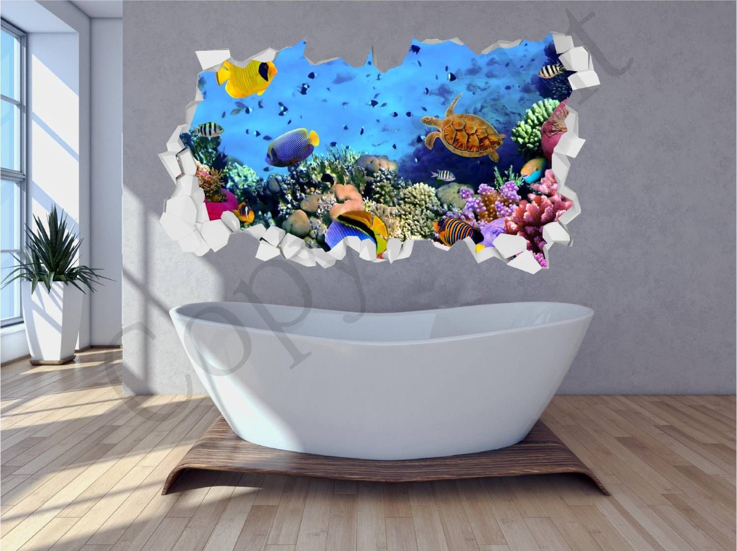 Sea Aquarium Fish Bathroom Under Water Crumbled Wall 3d Huge With Recent 3d Wall Art For Bathroom (View 12 of 20)