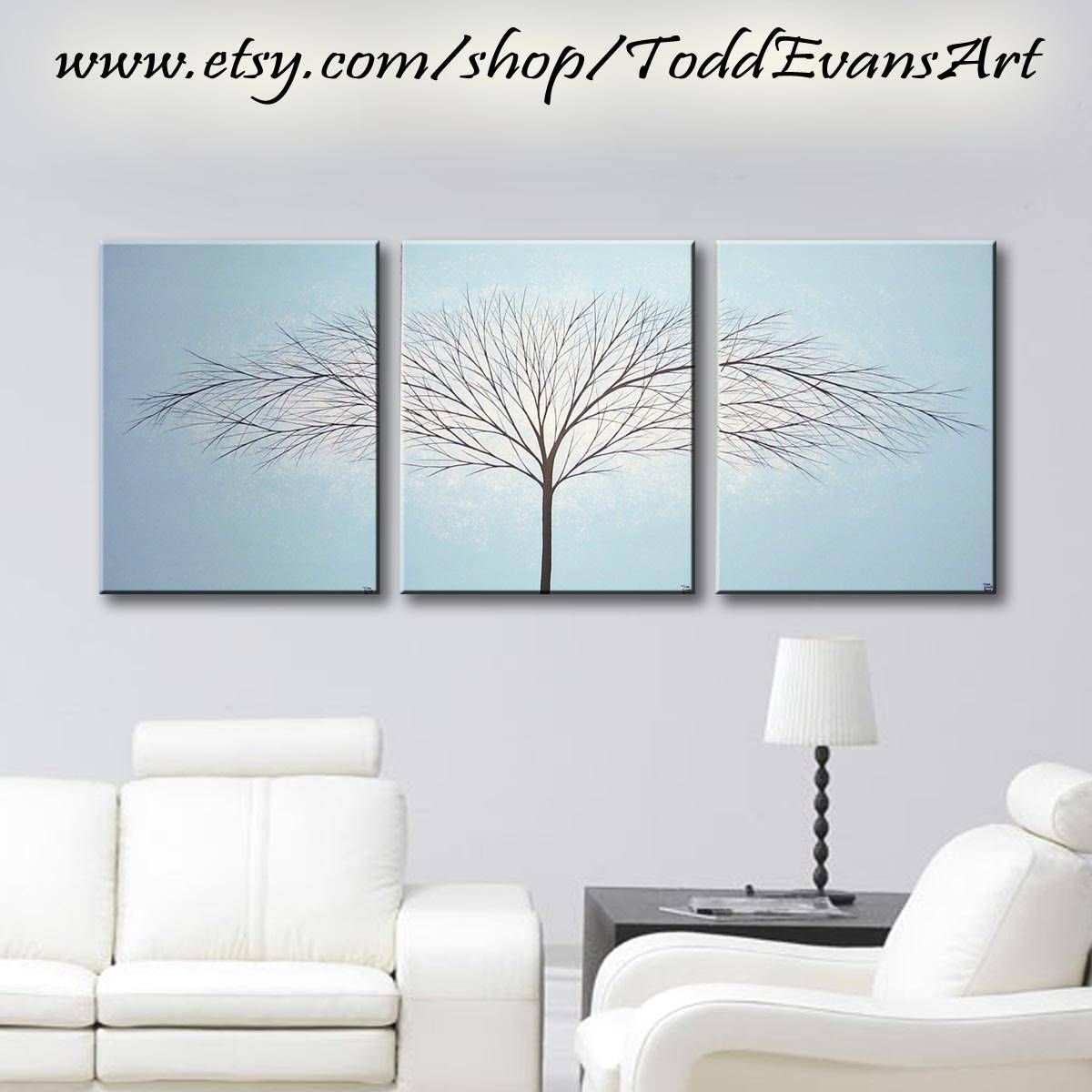 Tree Painting 3 Piece Wall Art Large Canvas Art Painting Within Most Recent Blue And Cream Wall Art (View 1 of 20)