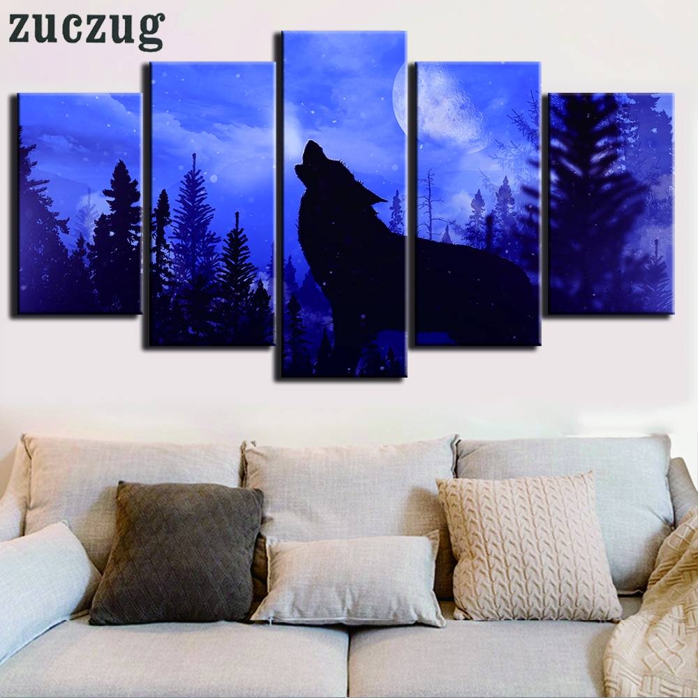 Unframed 5 Panel Lonely Wolf Howl At Night Canvas Painting Modular In 2018 Modular Wall Art (Gallery 9 of 25)