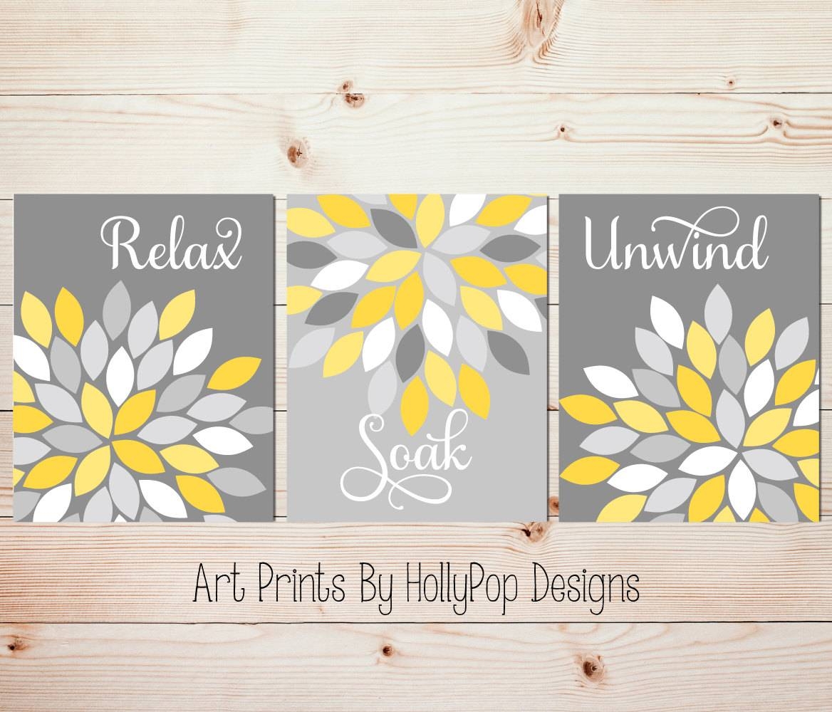 Yellow Gray Wall Art Set Of 3 Bathroom Prints Bathroom Wall For Latest Yellow And Gray Wall Art (Gallery 1 of 15)