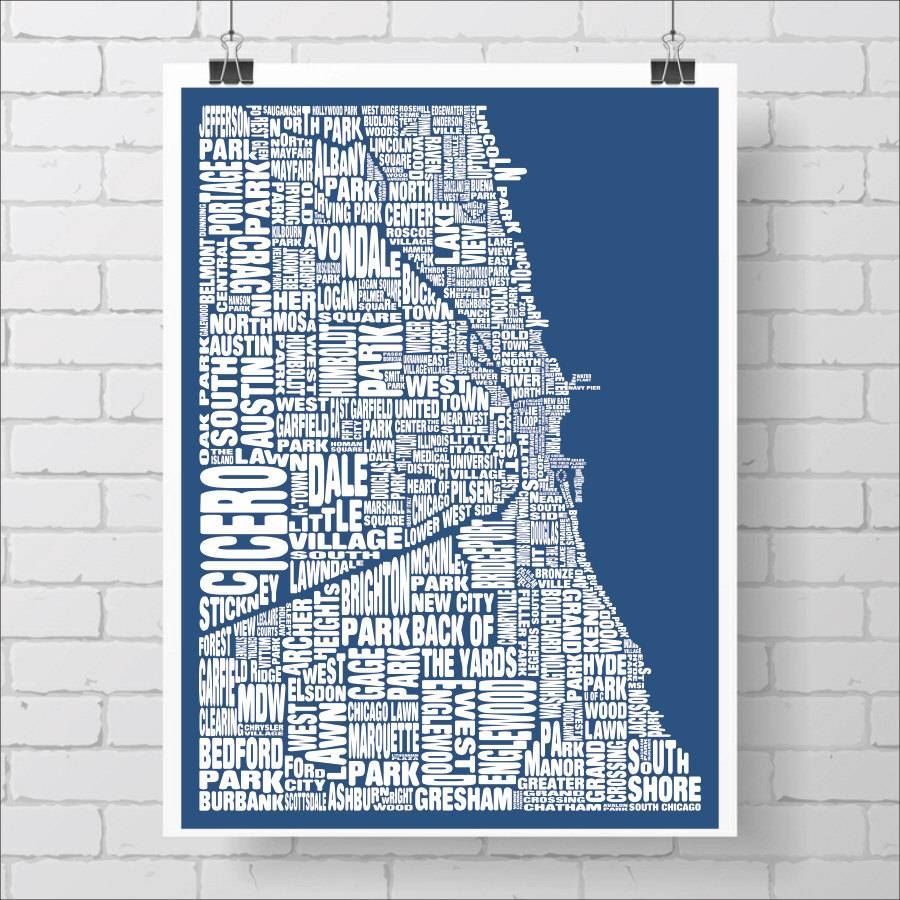 Chicago Neighborhood Map Print Custom Chicago Typography Map Intended For Most Popular Chicago Neighborhood Map Wall Art (Gallery 13 of 20)