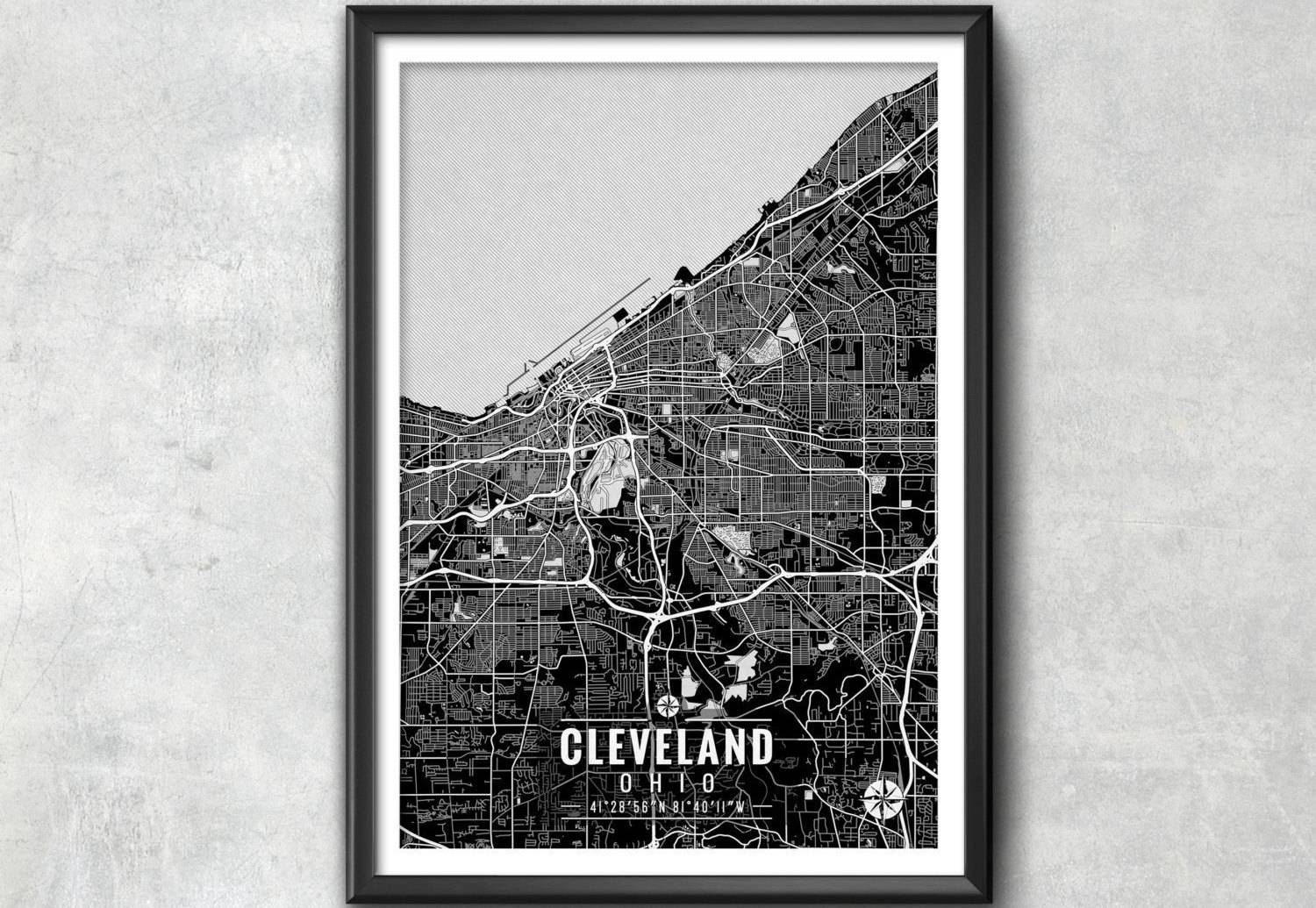 Cleveland Ohio Map With Coordinates Cleveland Map Map Art Inside Most Popular City Map Wall Art (Gallery 1 of 20)