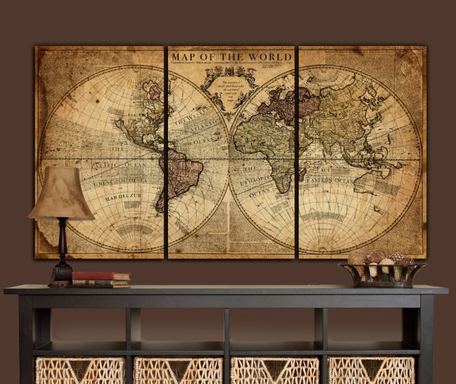 Globe Tan Map World Map Canvas Vintage Map Set Large Wall Within Most Popular Old Map Wall Art (Gallery 1 of 20)