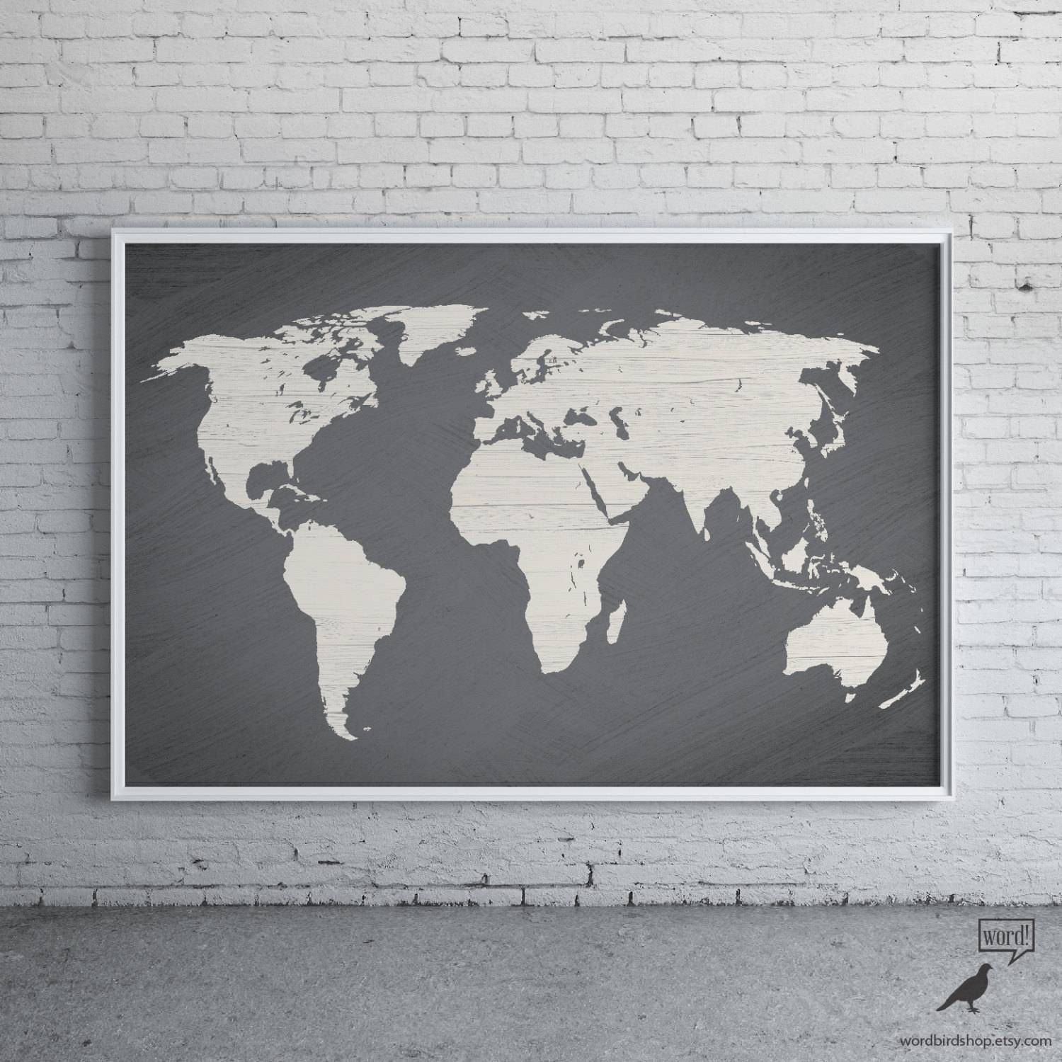 Gray World Map Poster Large World Map Print Modern Home For Current Worldmap Wall Art (View 16 of 20)