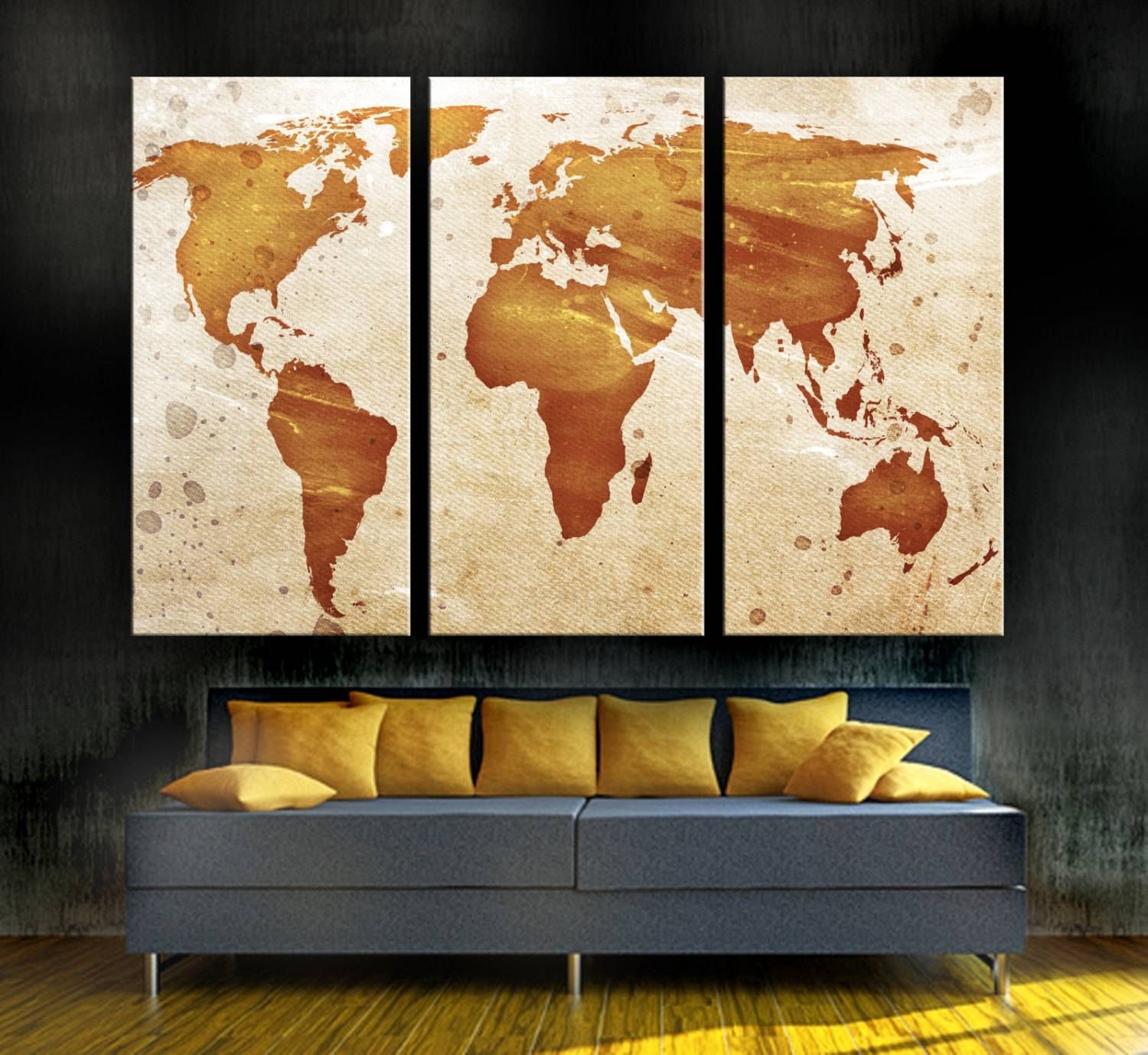 Light Orange World Map Canvas Print 3 Panel Split Triptych (View 15 of 20)