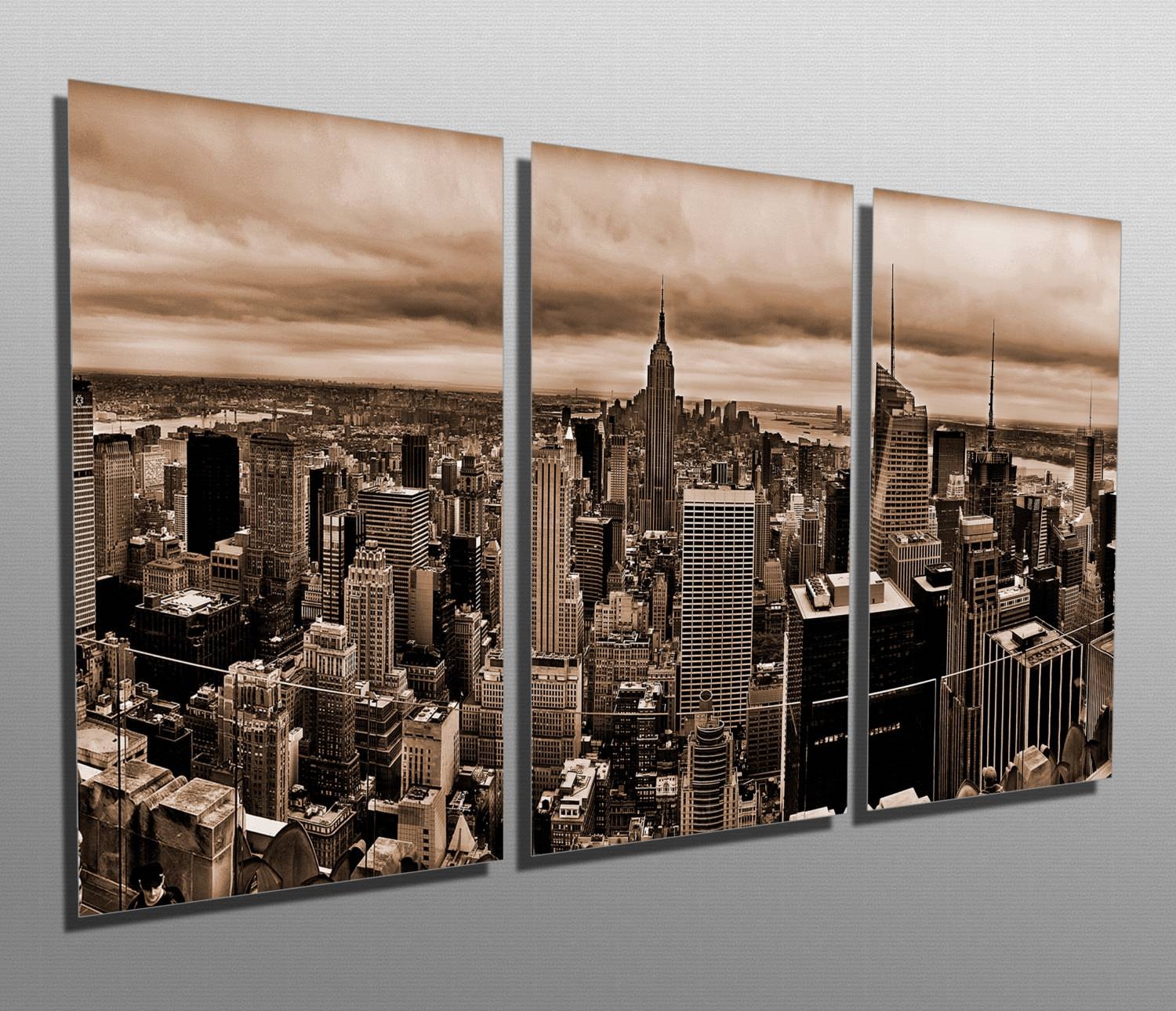 Metal Prints New York Skyline Sepia 3 Panel Split In Best And Newest New York City Skyline Metal Wall Art (Gallery 1 of 20)