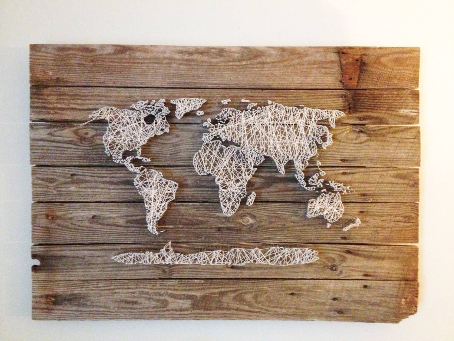 String Art World Map Barn Door Wood Wall Decorrambleandroost With Most Current String Map Wall Art (View 1 of 20)