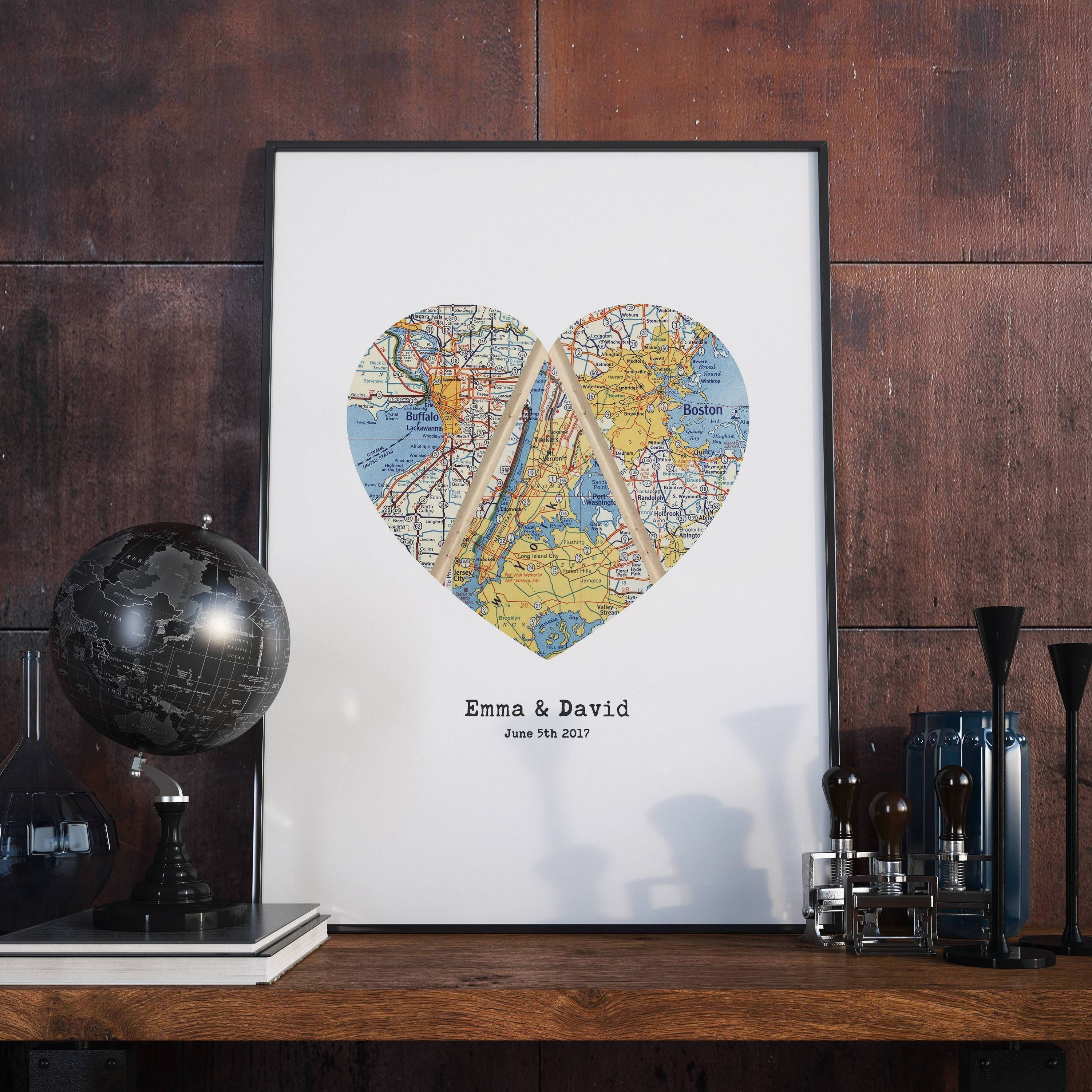 Triple Map Heart Art Unique Wedding Gift For Couple Heart Inside 2018 Personalized Map Wall Art (Gallery 1 of 20)