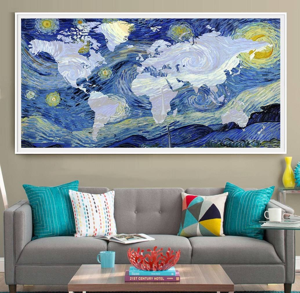 Van Gogh World Map Poster Print Extra Large Map Wall Art Throughout Most Recently Released Large Map Wall Art (View 4 of 20)