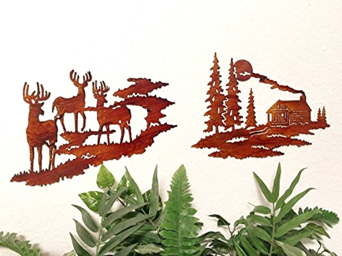 Wilderness Scene Cabin Deer Metal Wall Art Set 2pcs Sculpture Throughout Most Popular Deer Metal Wall Art (Gallery 19 of 20)