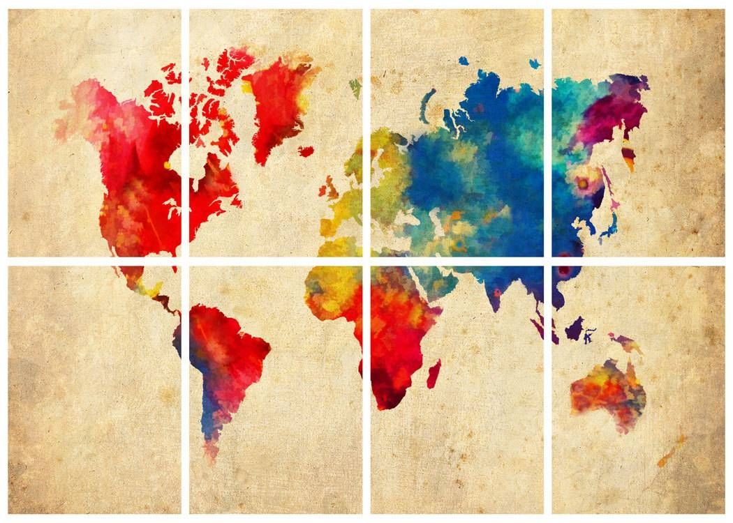 World Map Watercolor Abstract Grunge 8 Panel 11 X Pertaining To 2017 Abstract World Map Wall Art (View 7 of 20)