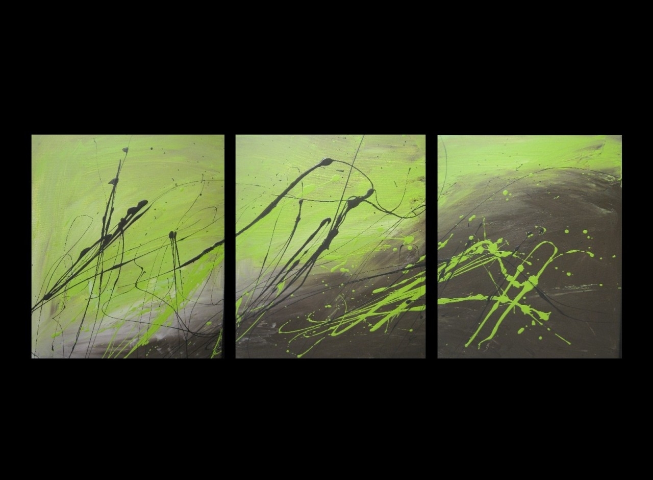 3 Abstract Canvas Painting Lime Green And Brown. Modern Wall Art Regarding Most Popular Lime Green Abstract Wall Art (Gallery 1 of 20)