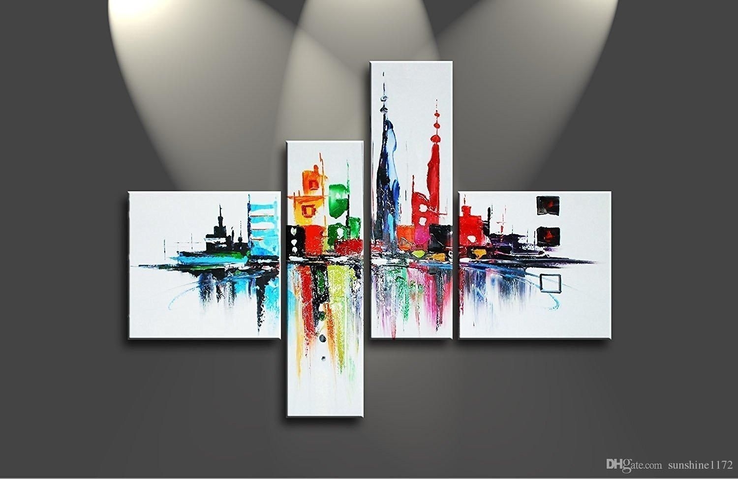 4 Panel Modern Abstract Art Framed Handmade Cityscape Oil Painting Inside Recent Abstract Art Wall Hangings (View 16 of 20)