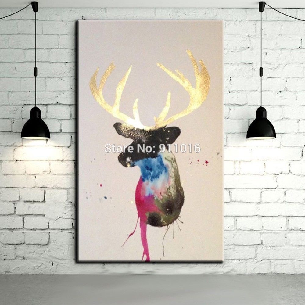 Hand Painted Golden Horn Deer Paintings Wall Painting Picture On In Most Recent Abstract Deer Wall Art (View 4 of 20)
