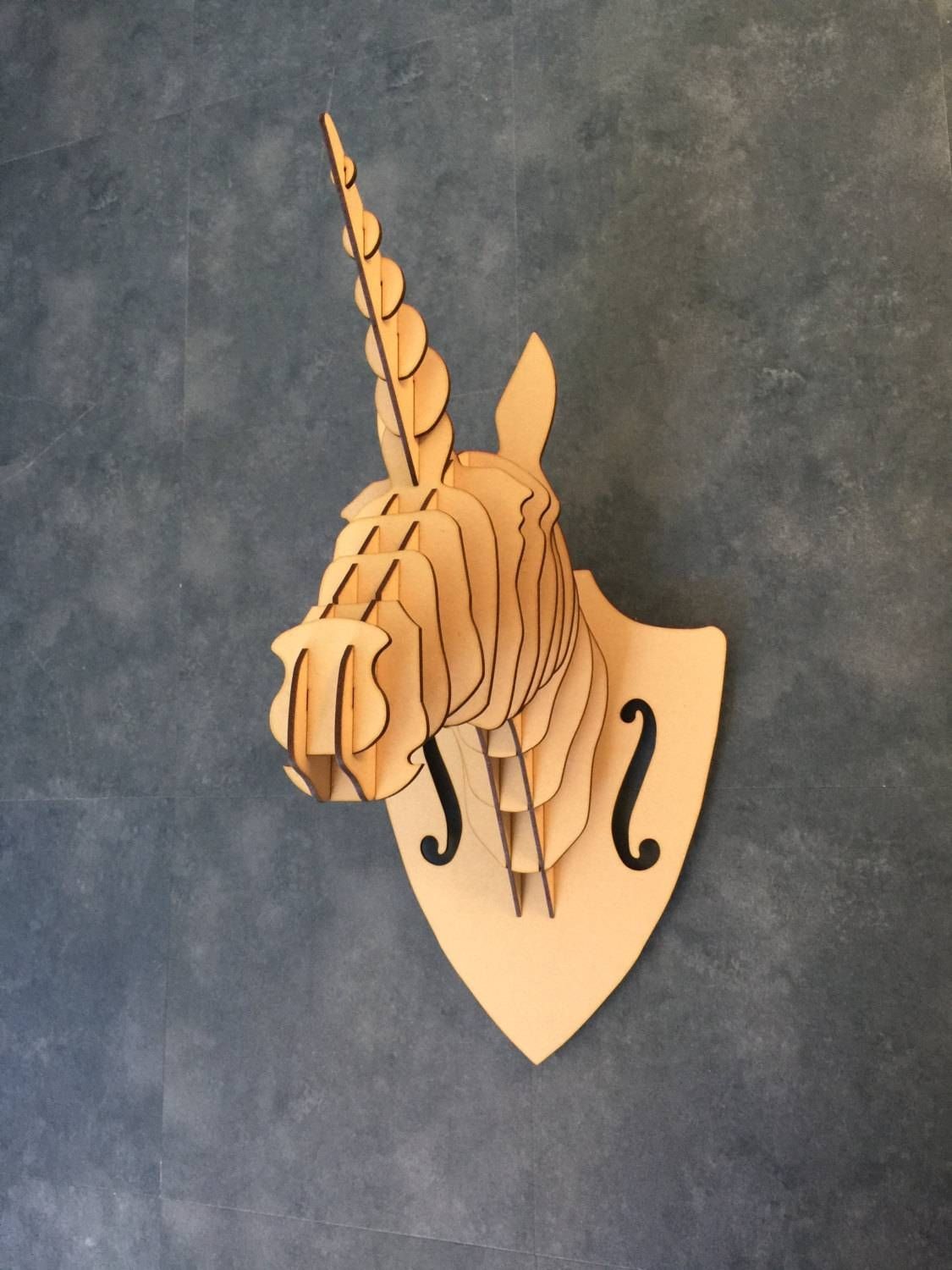 Large/ Small Wooden Unicorn Trophy Head Kit 3d Wall Art Home Within Recent 3d animal Wall Art (View 16 of 20)