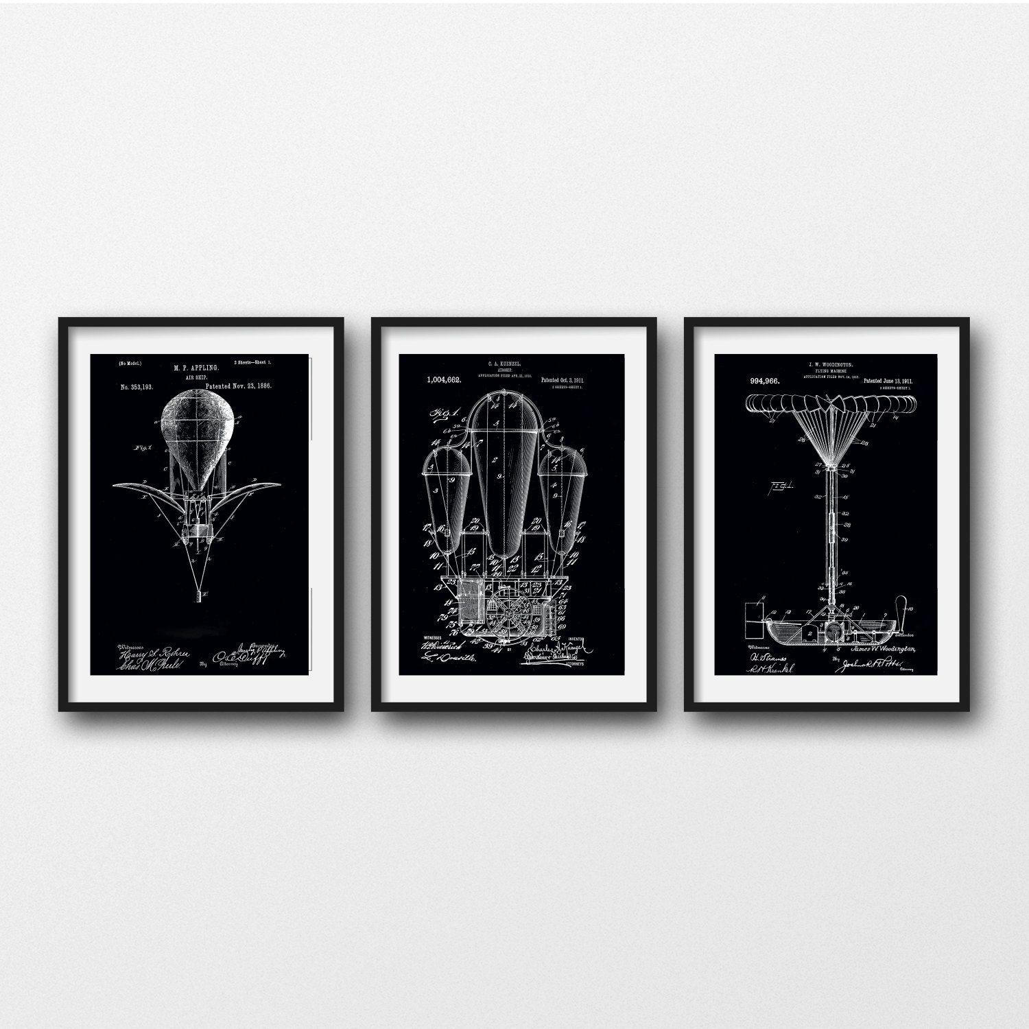 3 Framed And Matted Patent Prints Free Shipping Steampunk Patent Intended For Most Recently Released Black And White Framed Art Prints (View 11 of 15)