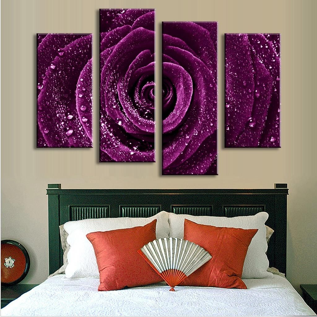 4 Pcs/set Combined Flower Paintings Purple Rose Modern Wall Pertaining To 2018 Purple Flowers Canvas Wall Art (View 4 of 15)