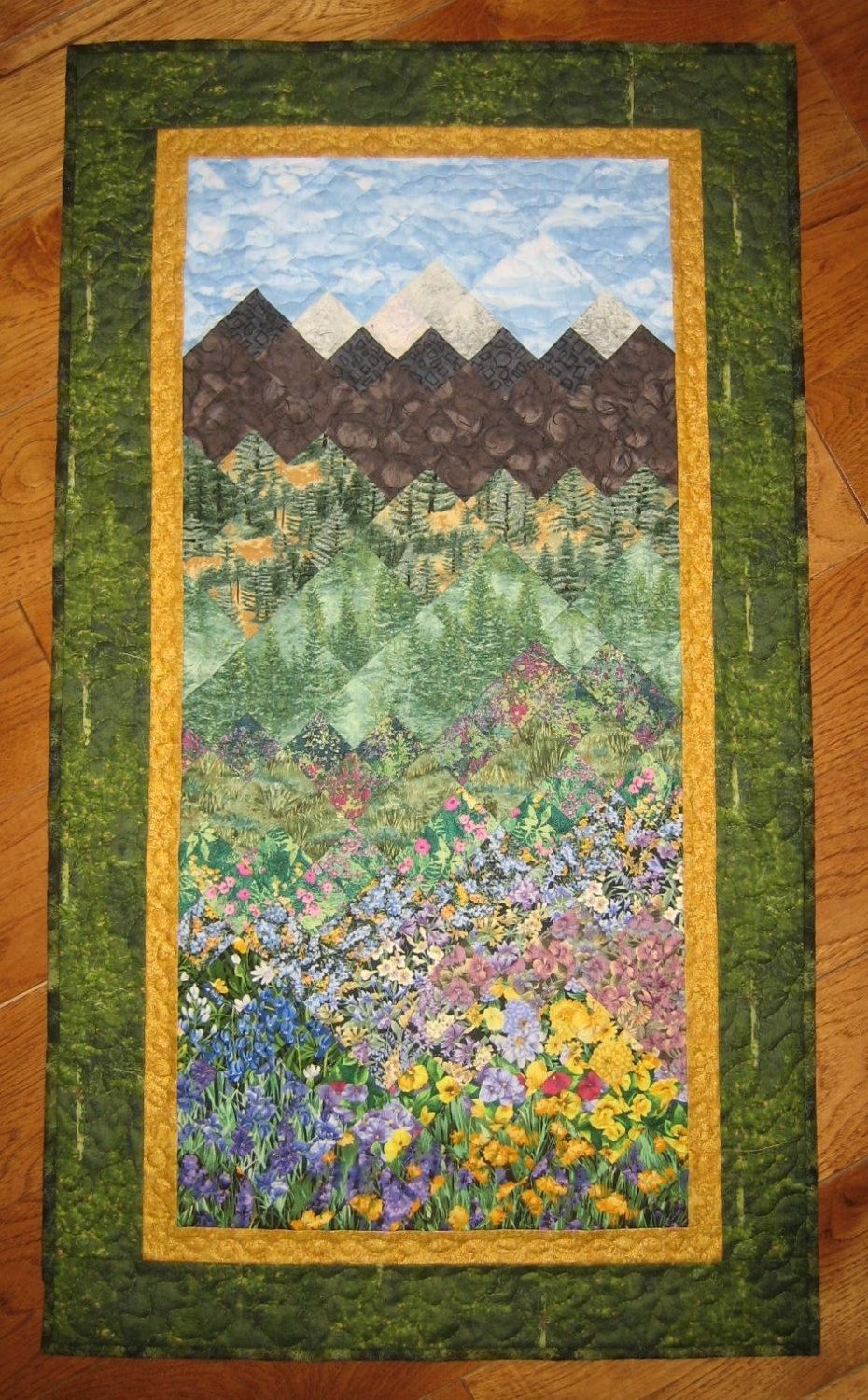 Art Quilt Fabric Wallhanging Pine Trees Mountain Flowers Handmade With Regard To Newest Fabric Collage Wall Art (View 13 of 15)