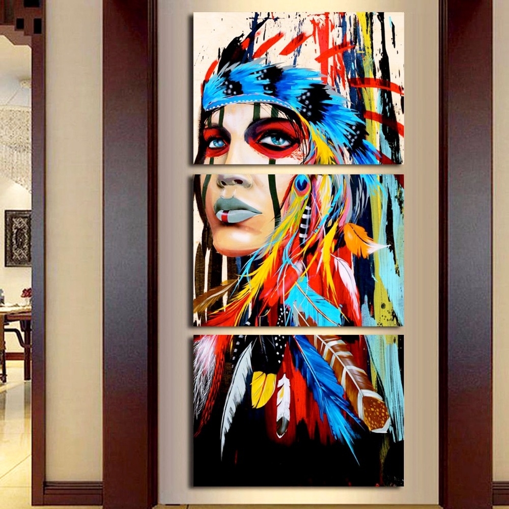 Beauty Native American Indian Girl Feathered Canvas Print Painting Throughout 2018 India Canvas Wall Art 