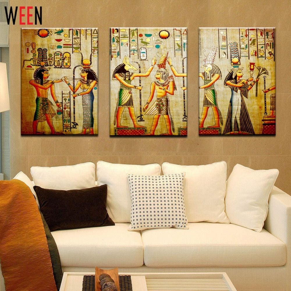 Canvas Painting Triple Abstract Picture Egyptian Mural Room Modern Inside Most Recently Released Murals Canvas Wall Art (View 1 of 15)