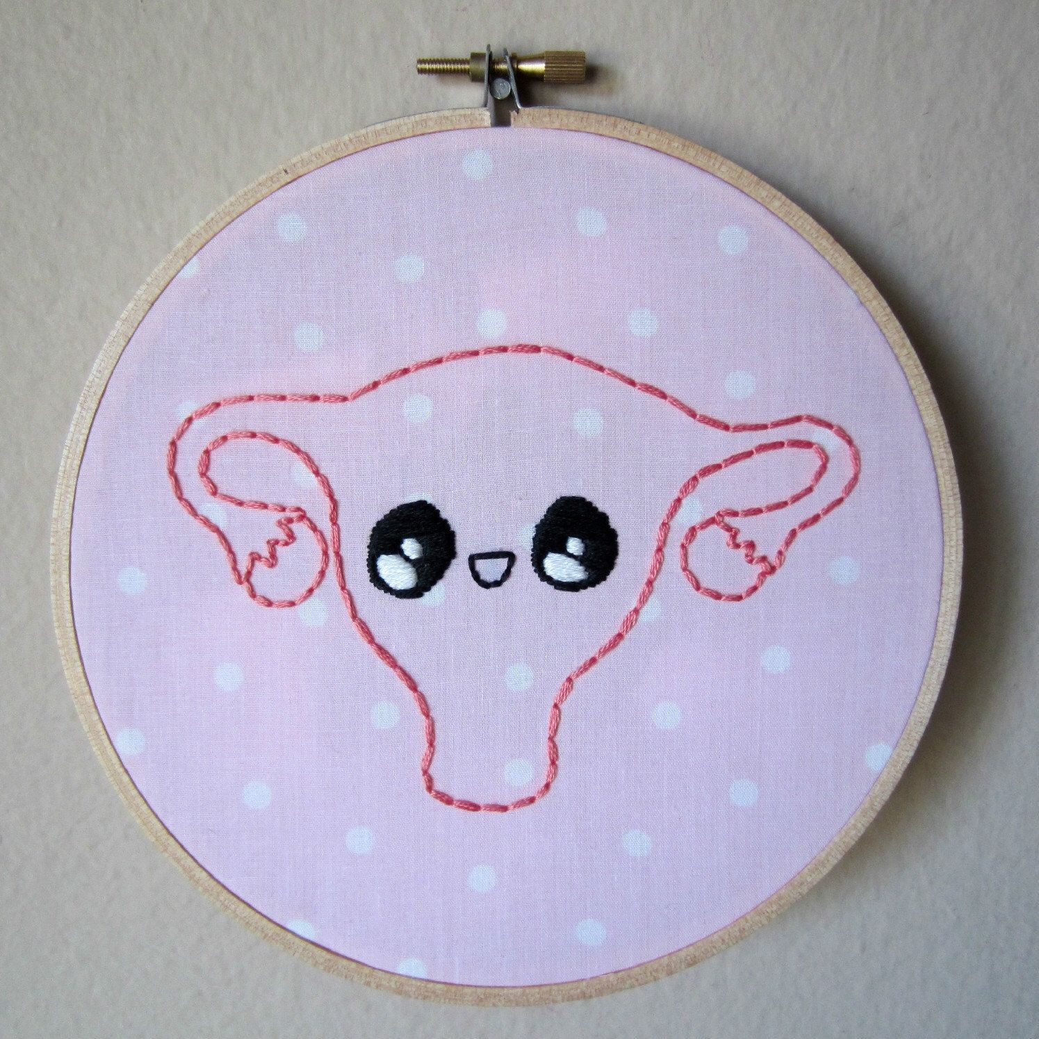 Clearance Priced  Uterus Hand Embroidery On Pink Polka Dot Fabric With Most Recently Released Embroidery Hoop Fabric Wall Art (View 15 of 15)