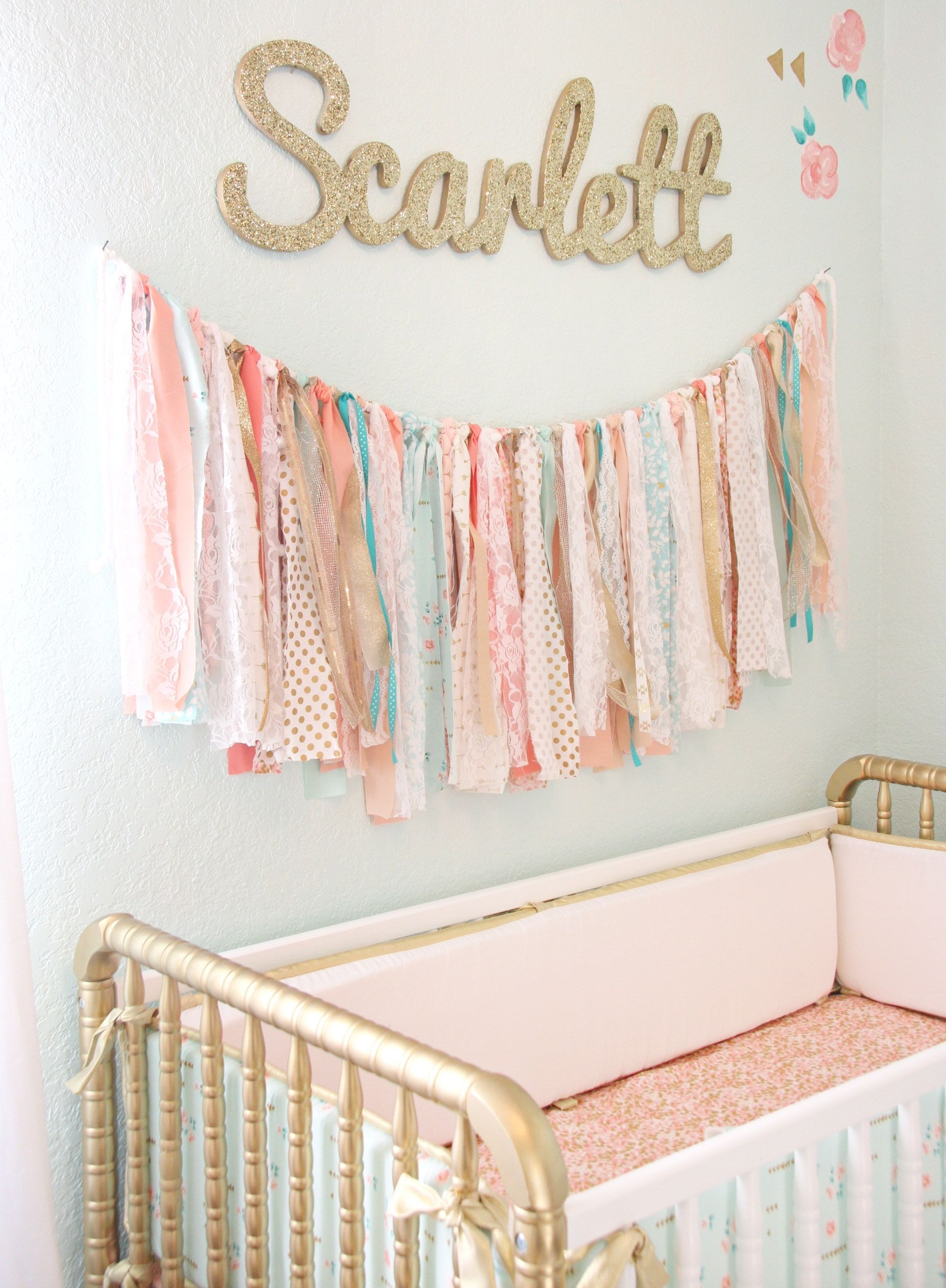 Coral, Mint, And Gold Vintage Style: Scarlett's Nursery Reveal With Regard To Most Recently Released Nursery Fabric Wall Art (View 12 of 15)