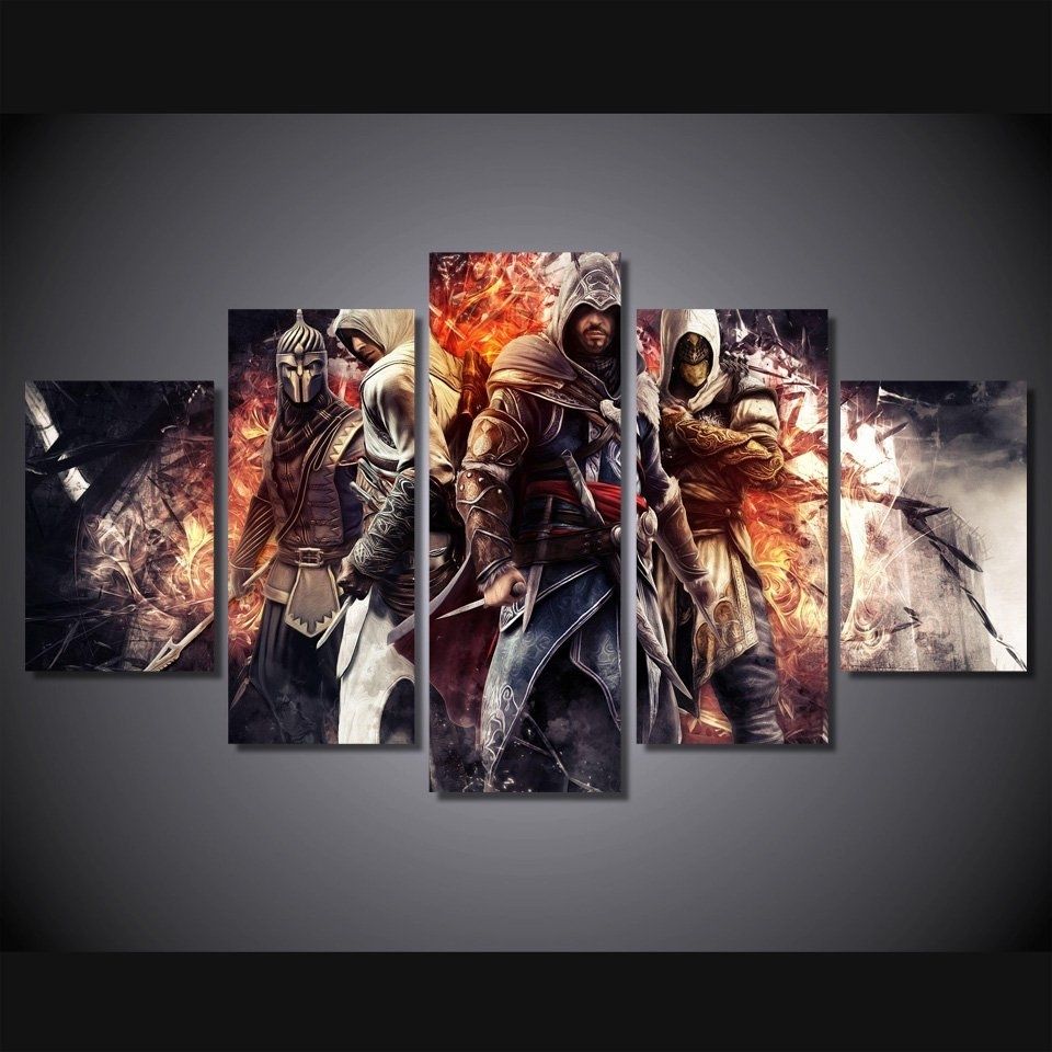 Creed Gaming 5pc Wall Decor Framed Oil Painting 2 Bedroom Art Regarding Most Current Gaming Canvas Wall Art (View 1 of 15)