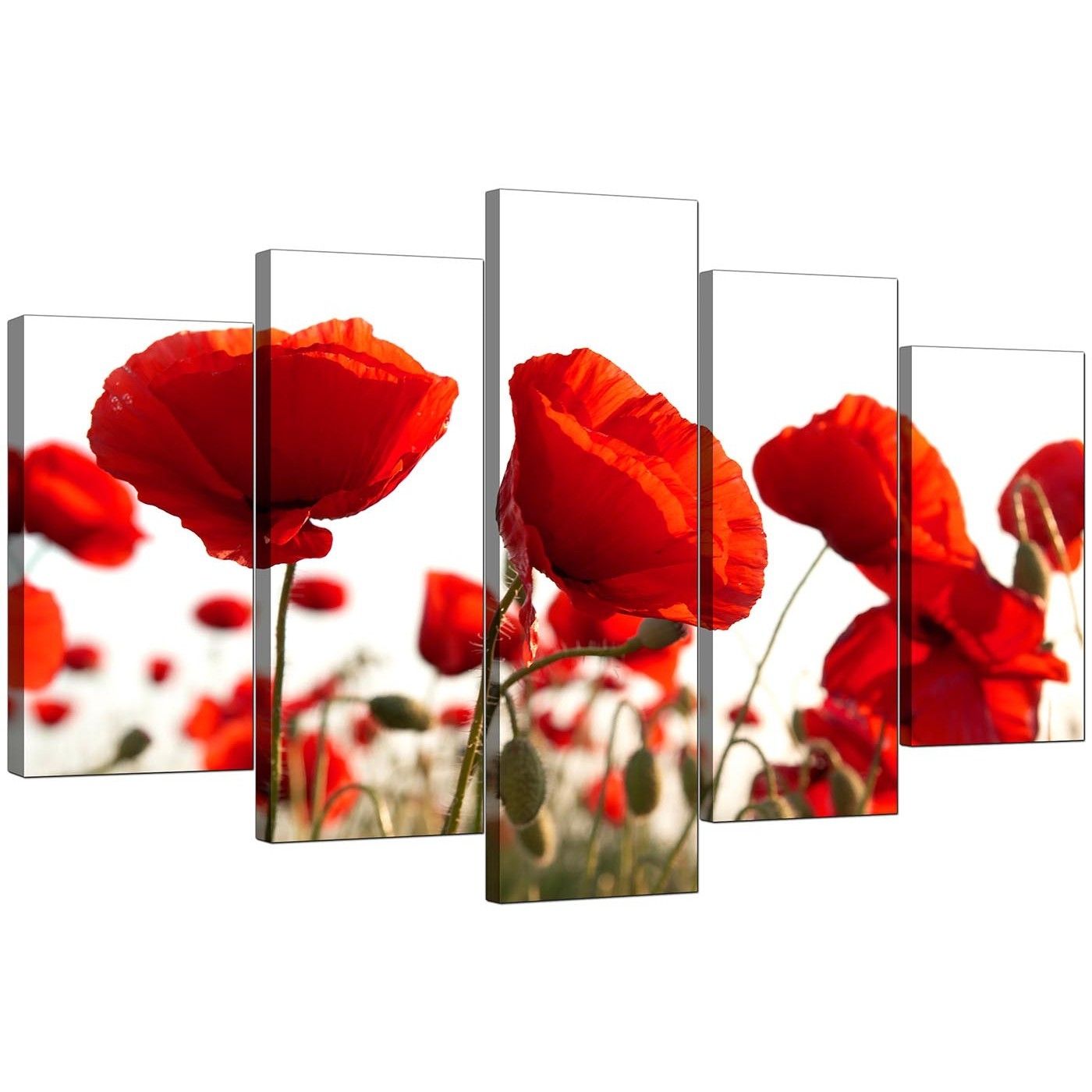 Extra Large Poppies Canvas Prints Uk 5 Part In Red In Most Up To Date Poppies Canvas Wall Art (View 1 of 15)