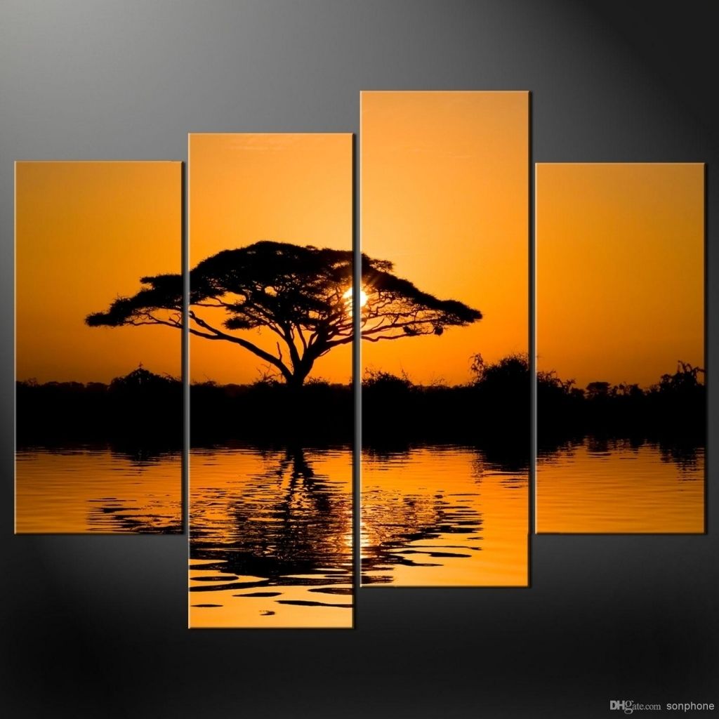 Framed 4 Panel Large African Wall Art Decor Modern Sunset Oil In Inside Newest African Wall Accents (Gallery 9 of 15)