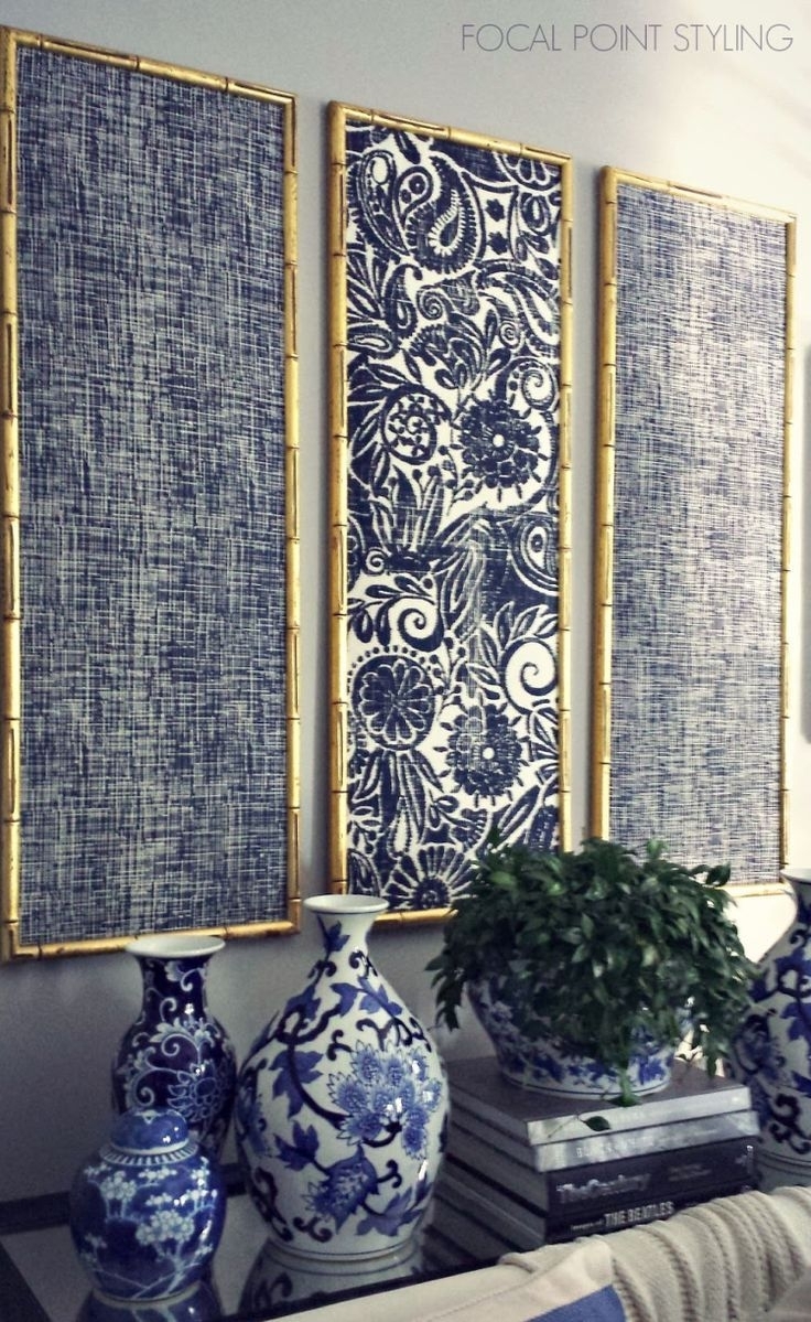 Gold Bamboo Frames With Navy Blue Chinoiserie Fabric! | Timeless With 2018 Fabric Wall Accents (Gallery 1 of 15)