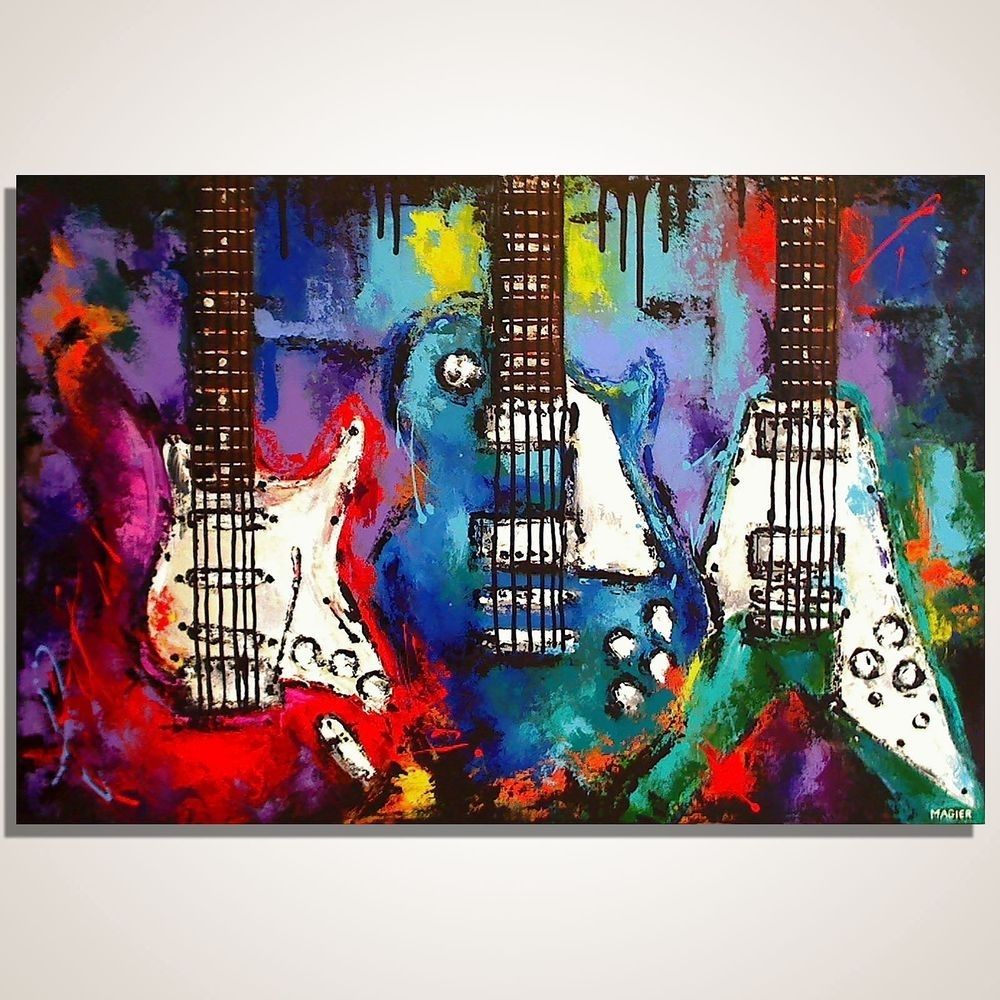 Guitar Painting On Canvas, Les Paul, Flying V, Strat, Original Inside Latest Music Canvas Wall Art (Gallery 4 of 15)