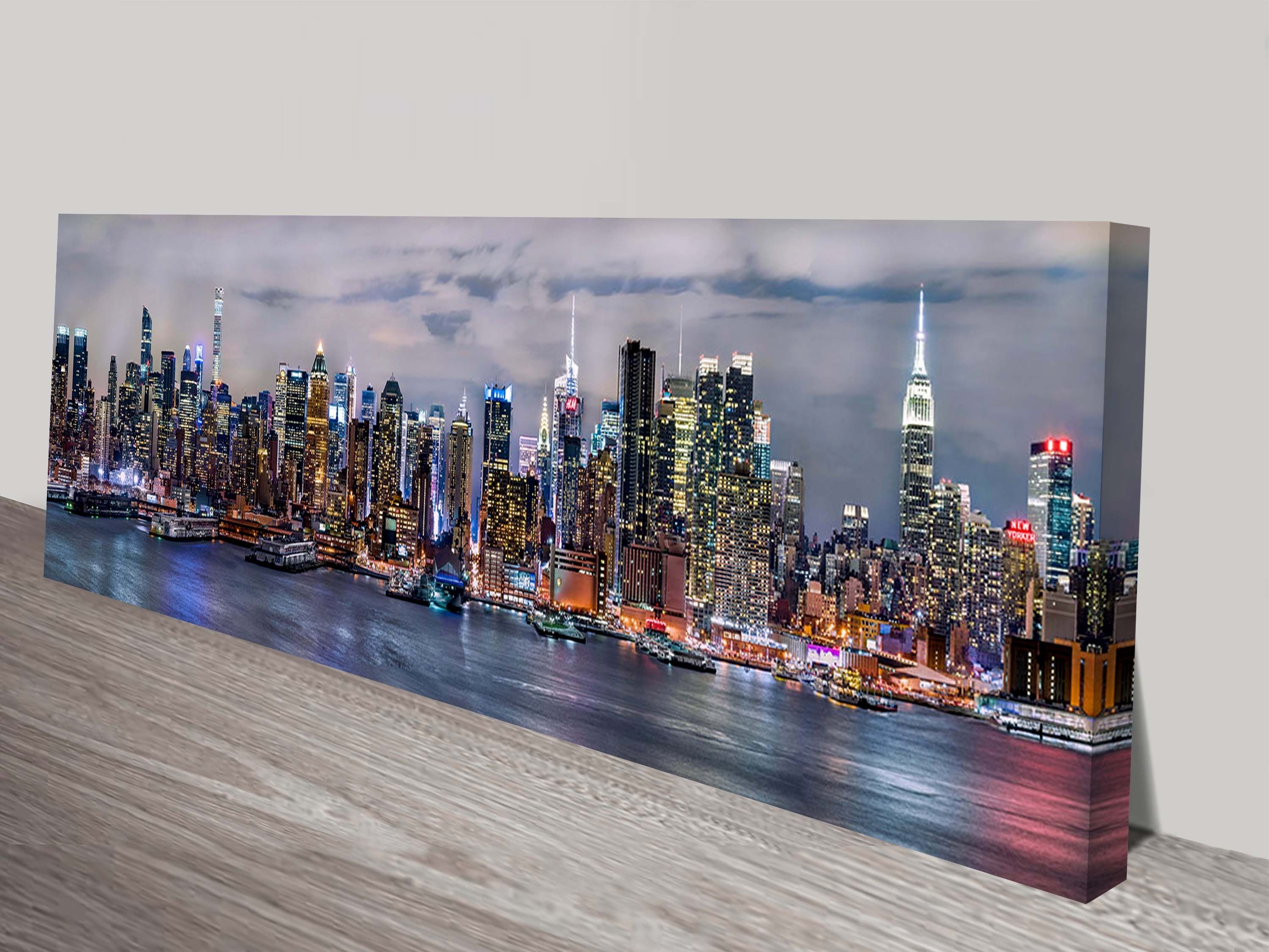 Illuminated Manhattan Skyline New York Panoramic Canvas Aer With Regard To 2018 Melbourne Canvas Wall Art (View 1 of 15)
