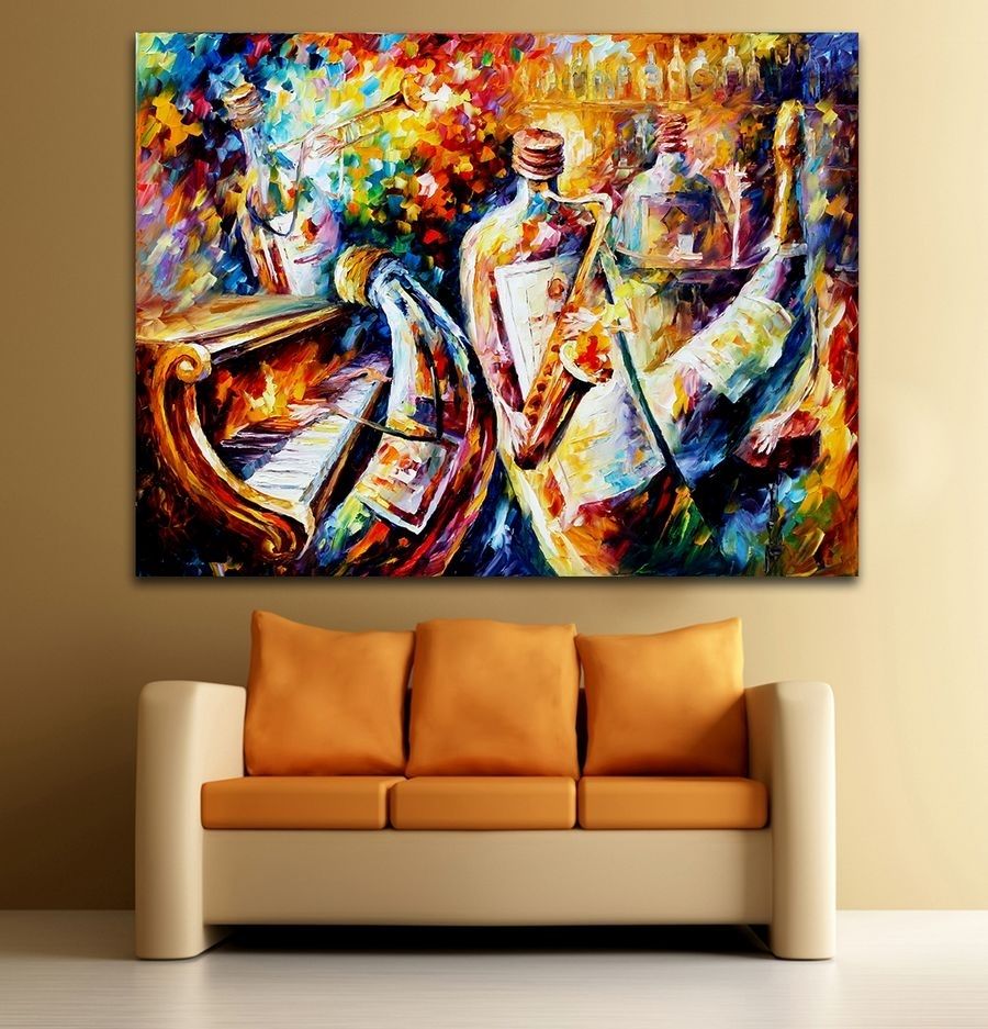 Palette Knife Printed On Canvas Painting Bottle Jazz Music Inside Most Up To Date Jazz Canvas Wall Art (View 1 of 15)
