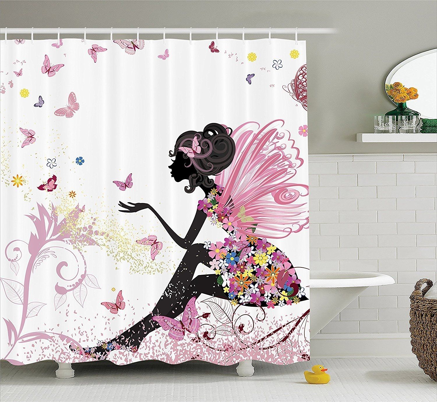 Pink Butterfly Girl With Floral Dress Flower Design Fairy Angel For Newest Fabric Dress Wall Art (View 1 of 15)